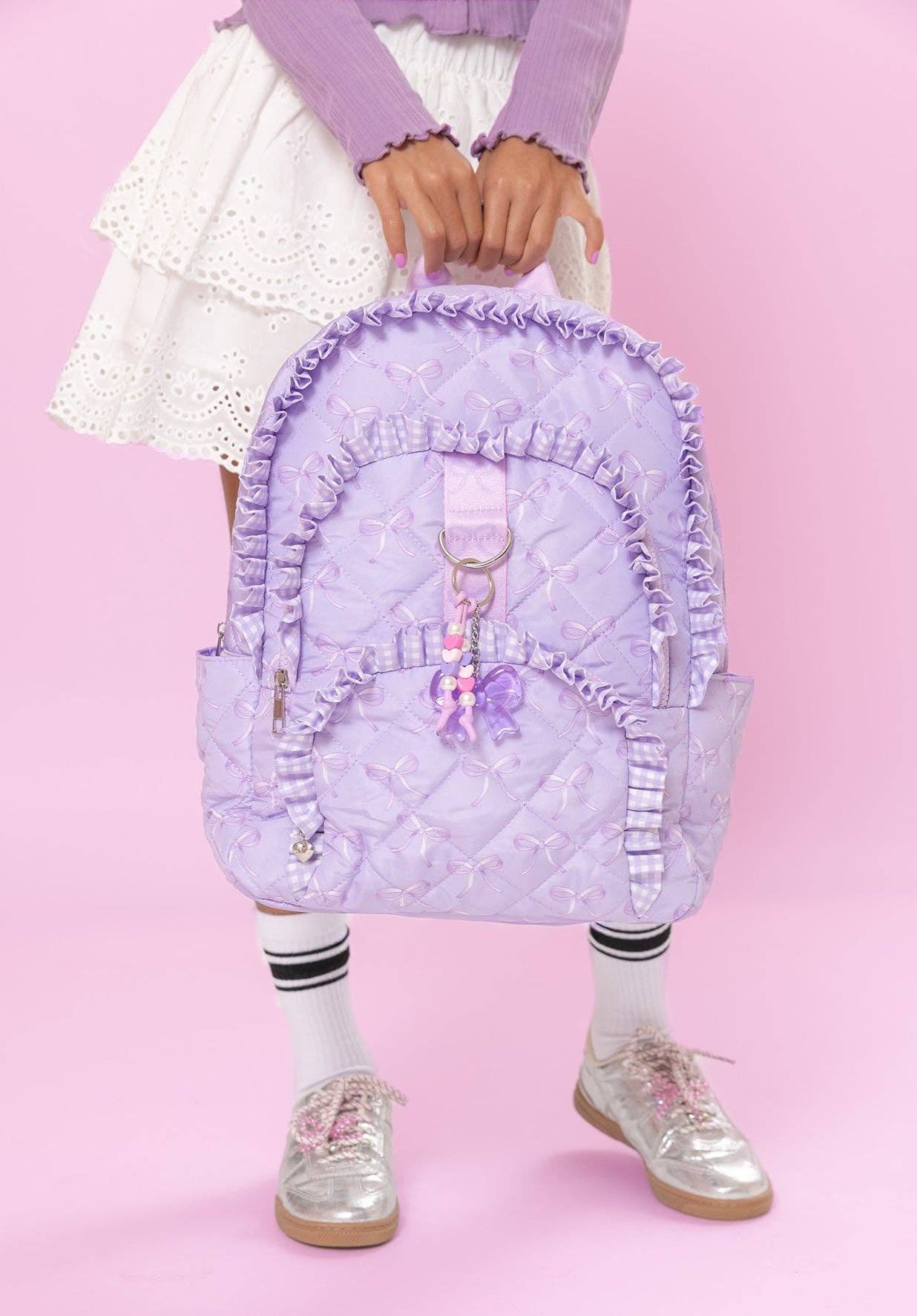 Lilac Bow & Ruffle Quilted Large Backpack