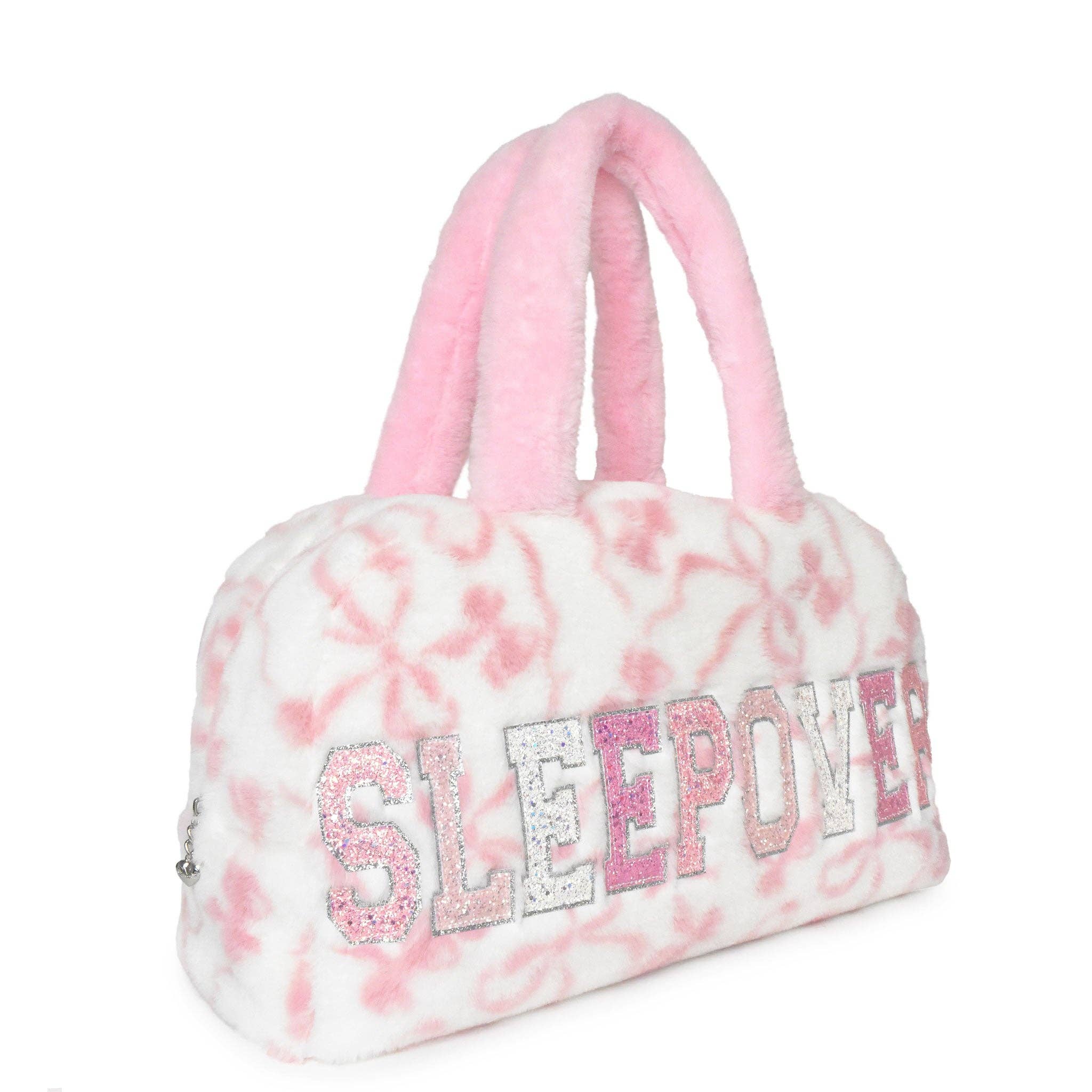 'SLEEPOVER' Plush Bow Print Medium Duffle Bag
