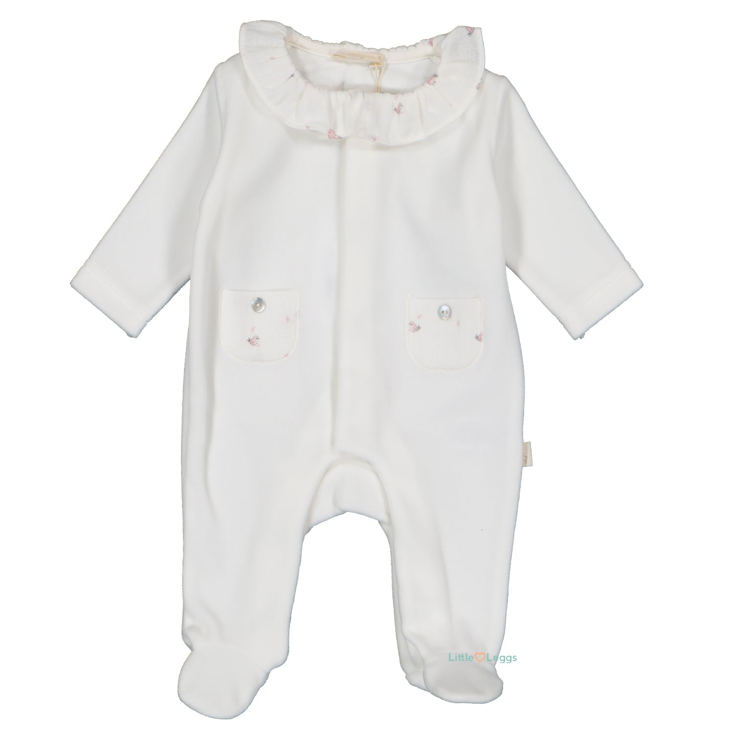 Ivory Pink Birdie Velour Babygrow
