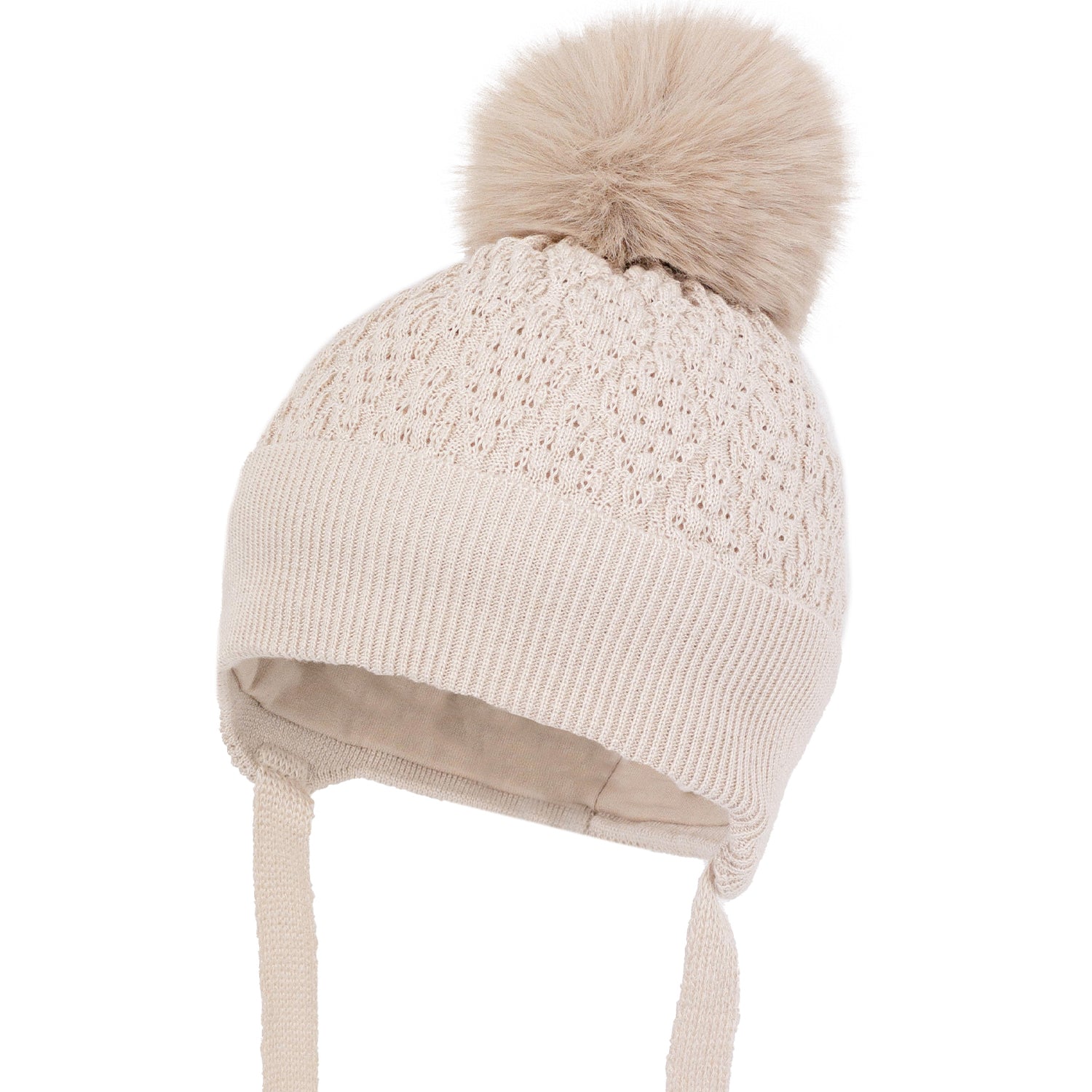 Beige Patterned Pom Hat