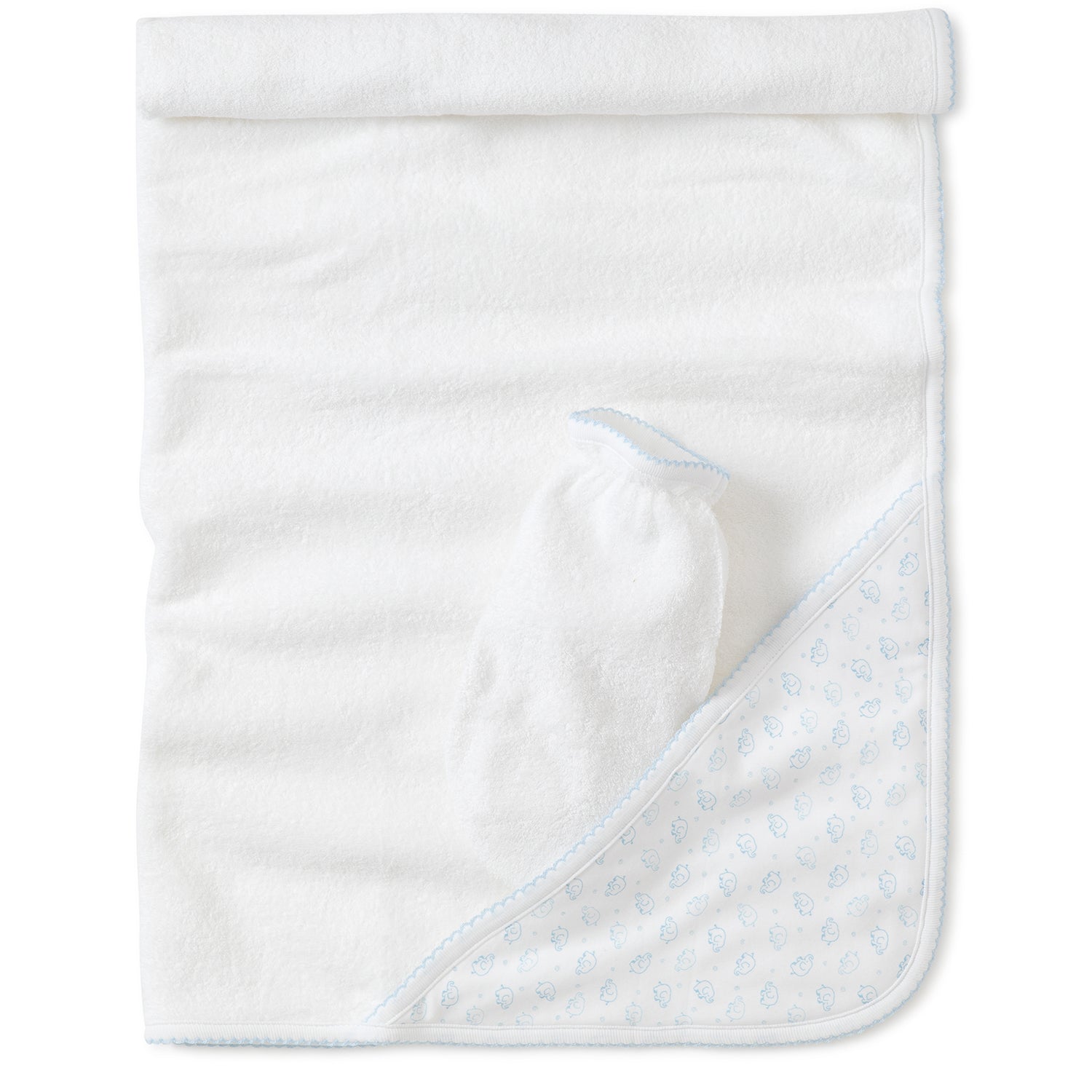 Blue Elephant Print Towel + Mitt