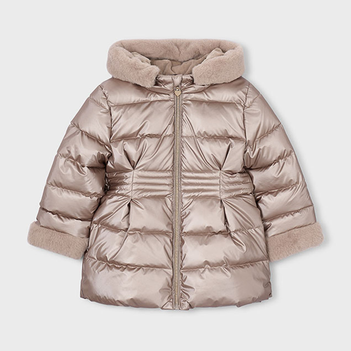 Metallic Beige Fur Trim Puffa Coat