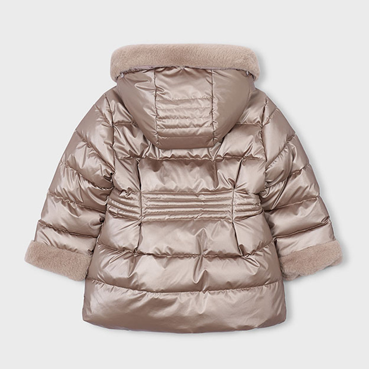 Metallic Beige Fur Trim Puffa Coat
