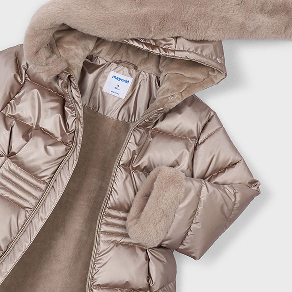 Metallic Beige Fur Trim Puffa Coat