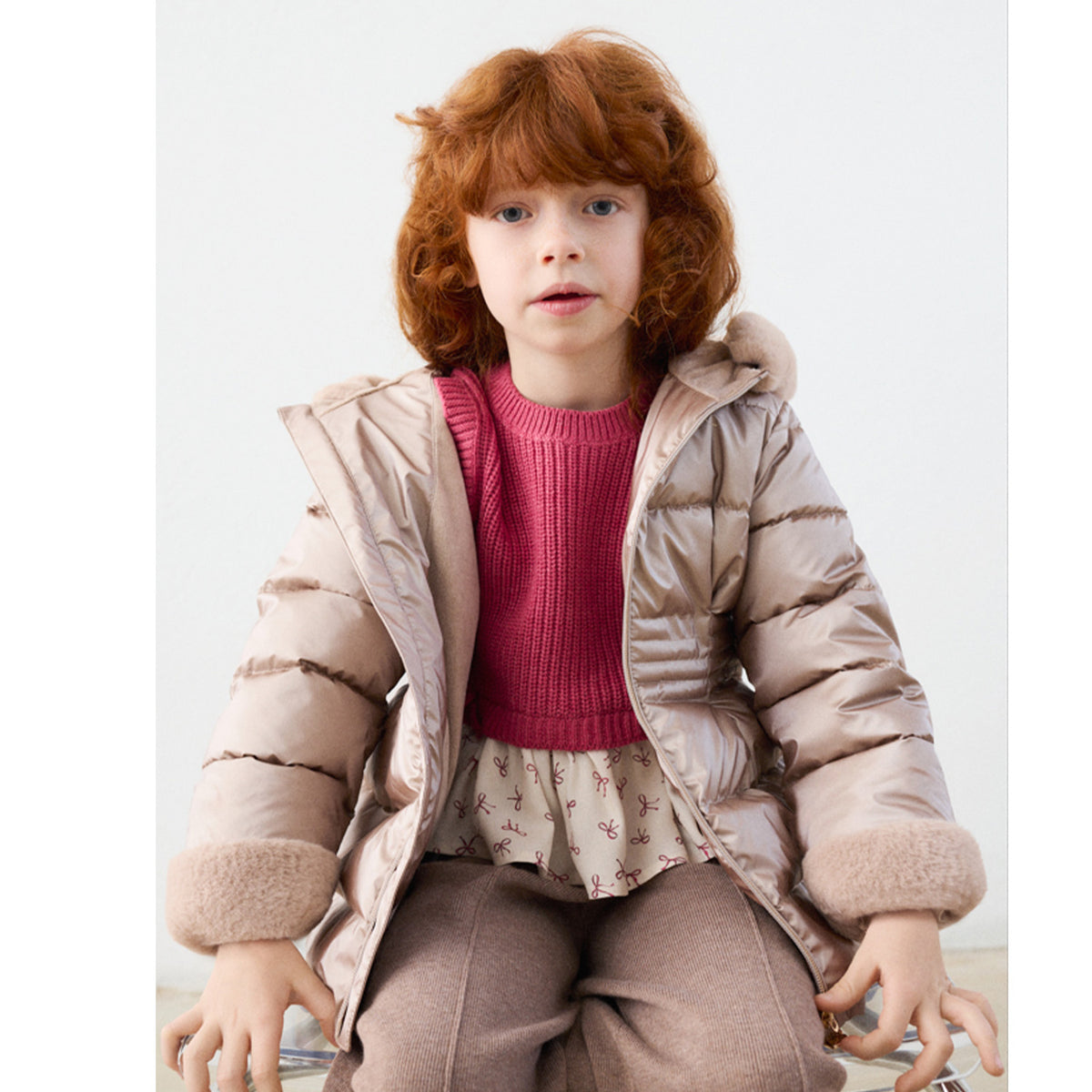 Metallic Beige Fur Trim Puffa Coat