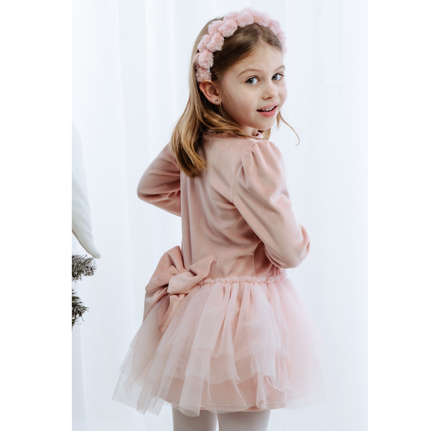 Powder Pink Velvet Bow Dress