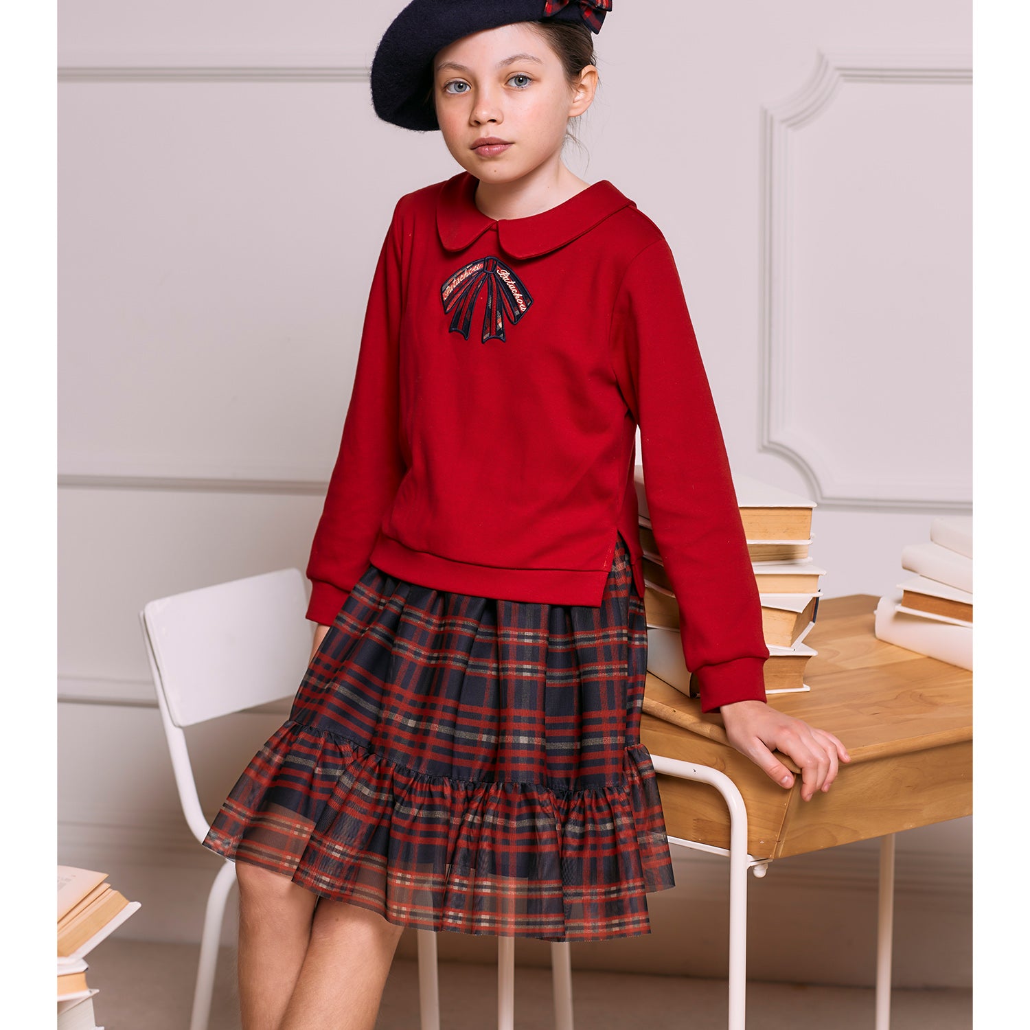 Girls Red Tartan Trim Dress