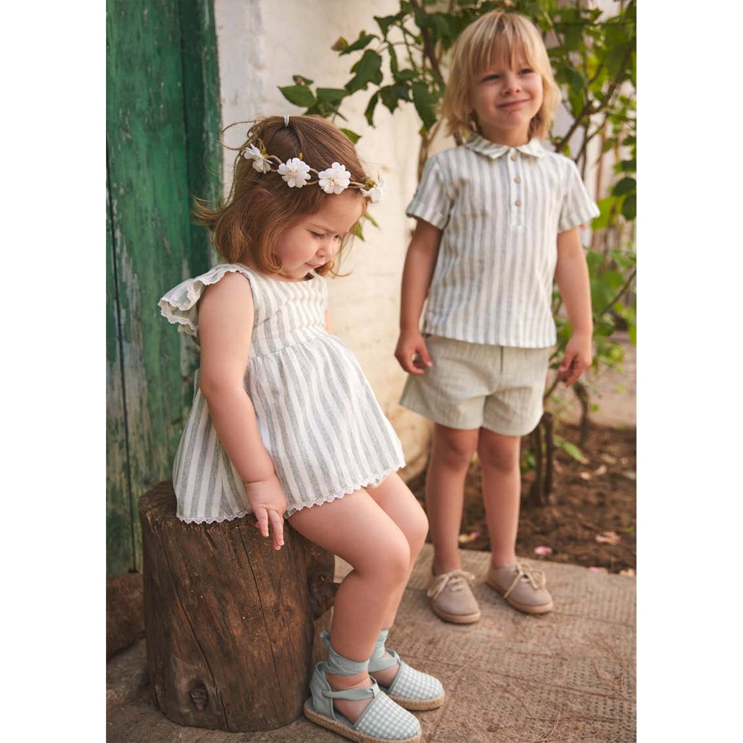 Green Stripe Linen Pinafore Dress & Bloomers