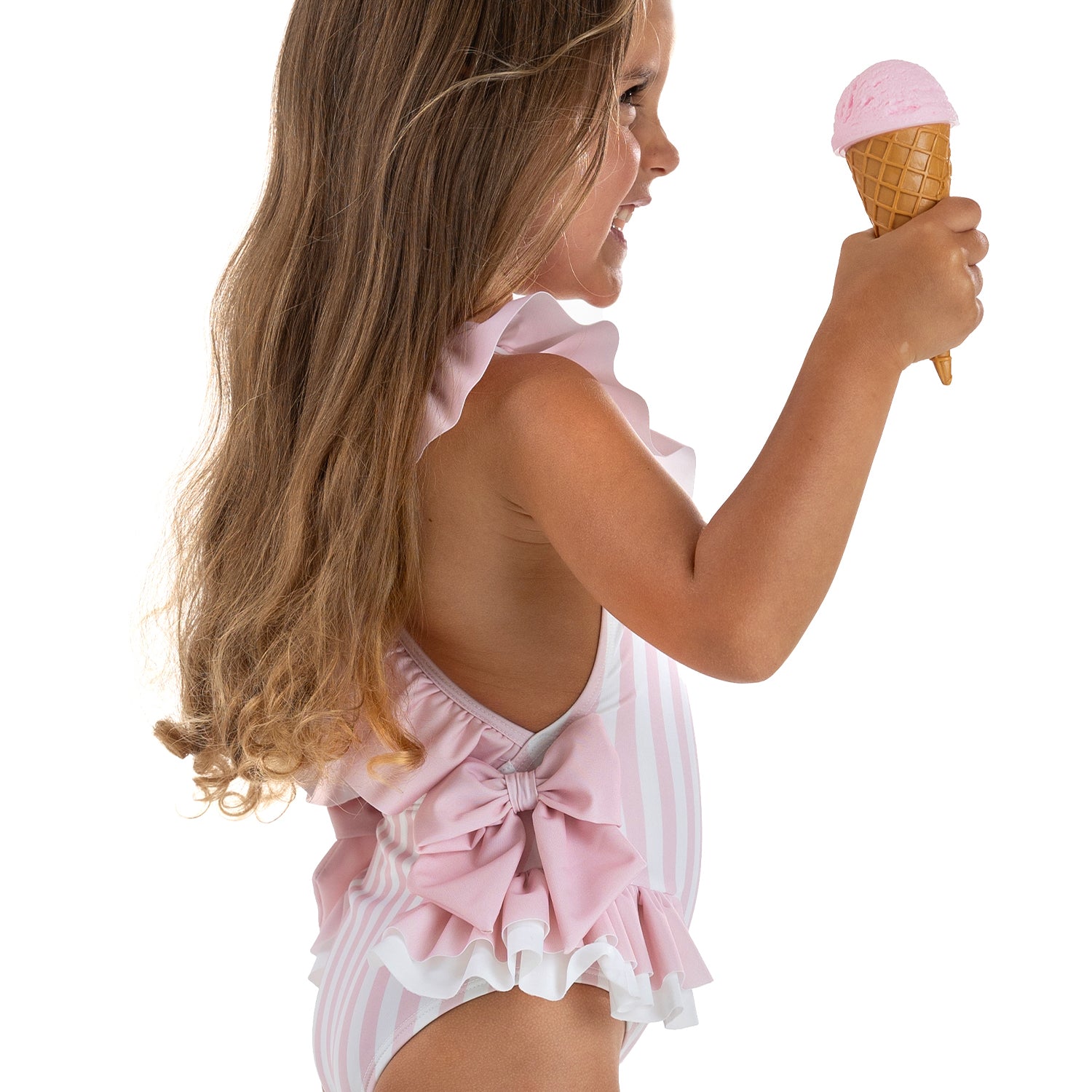 Pink Stripe Frill Neck Swimsuit