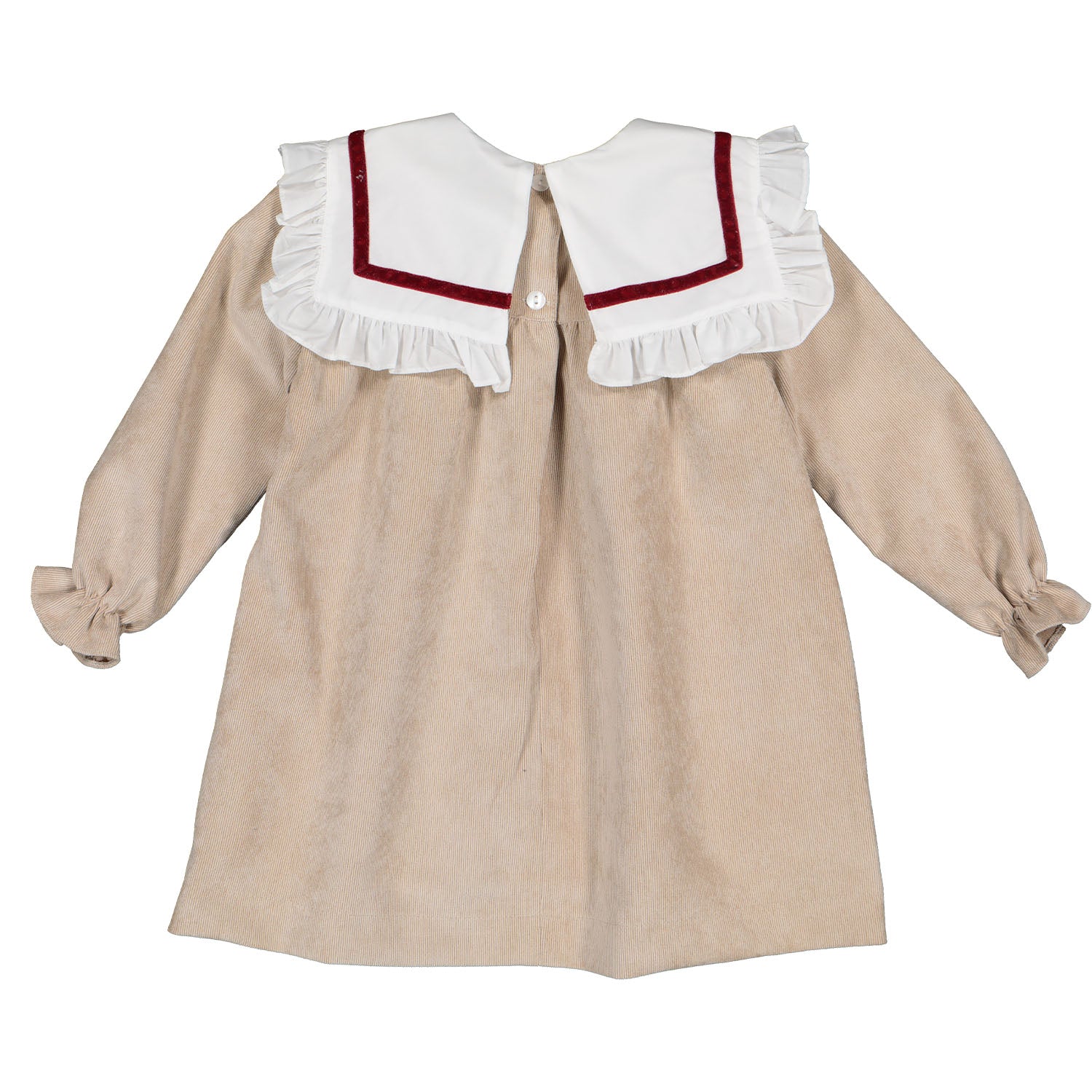 Beige & Red Velvet Trim Dress