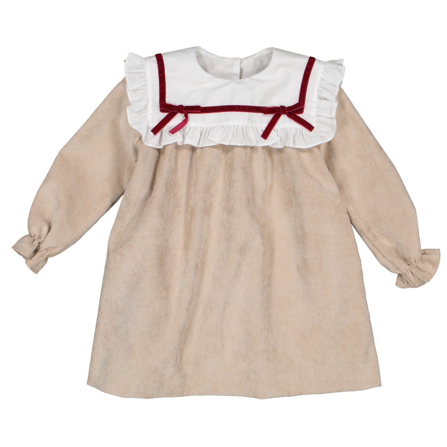 Beige & Red Velvet Trim Dress