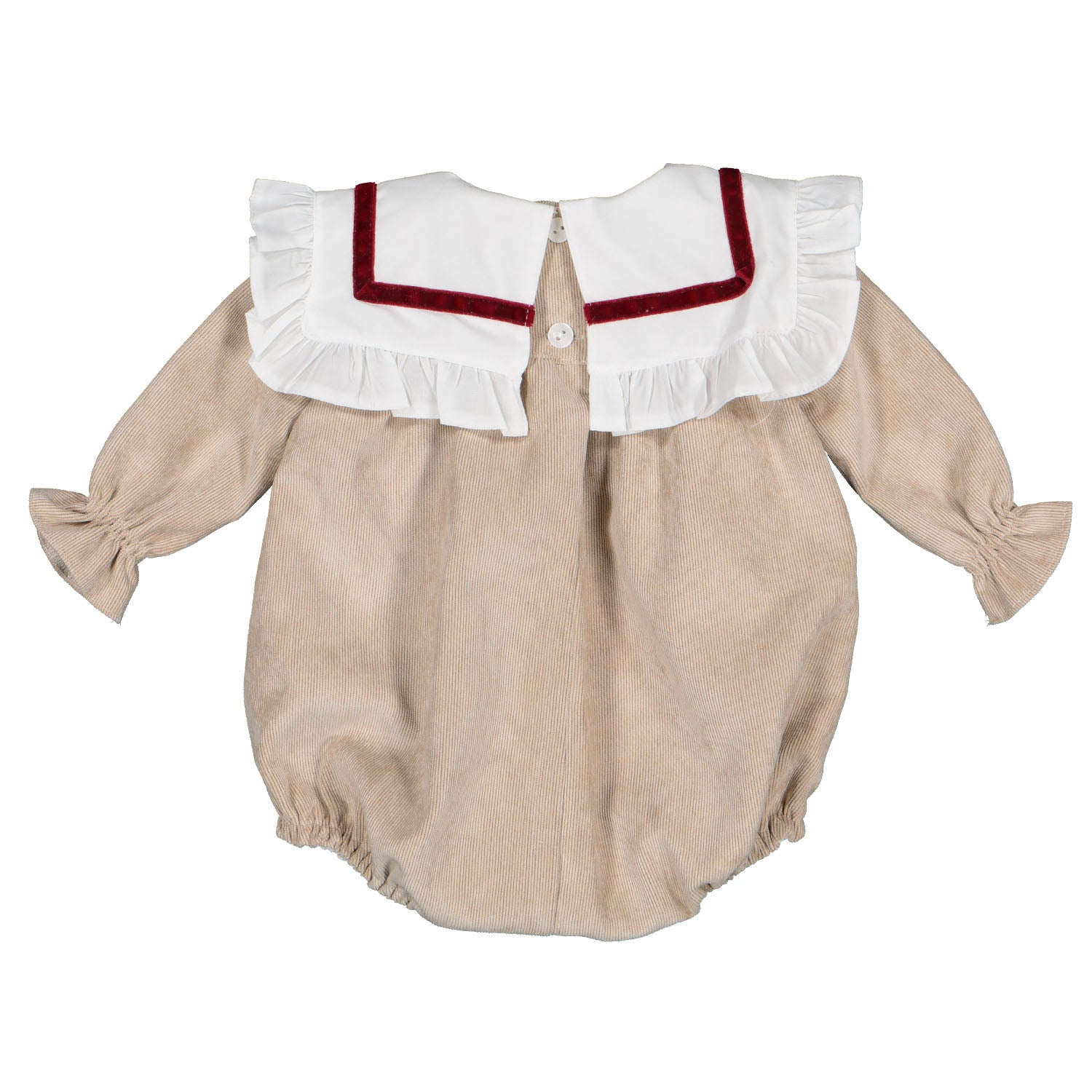 Girls Beige & Red Velvet Trim Romper