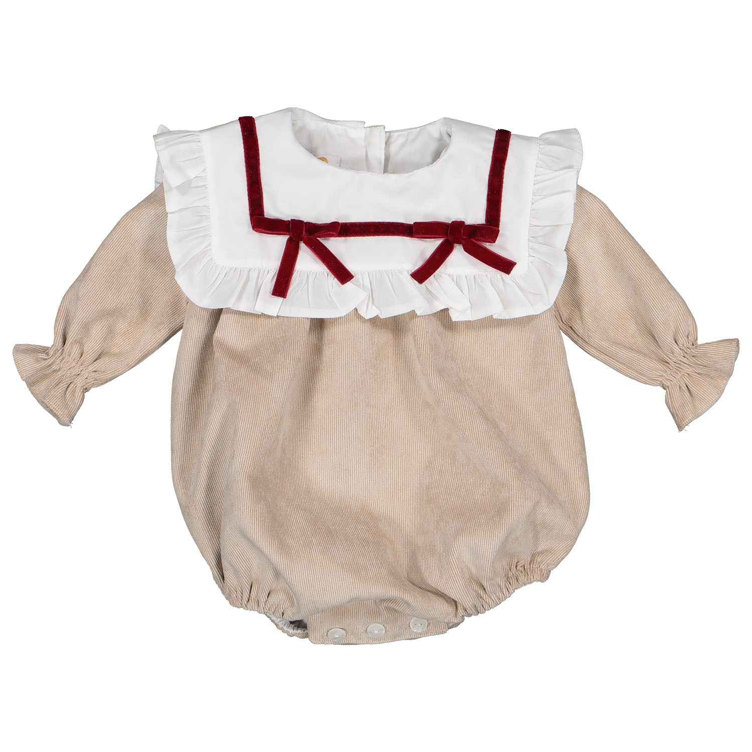 Girls Beige & Red Velvet Trim Romper