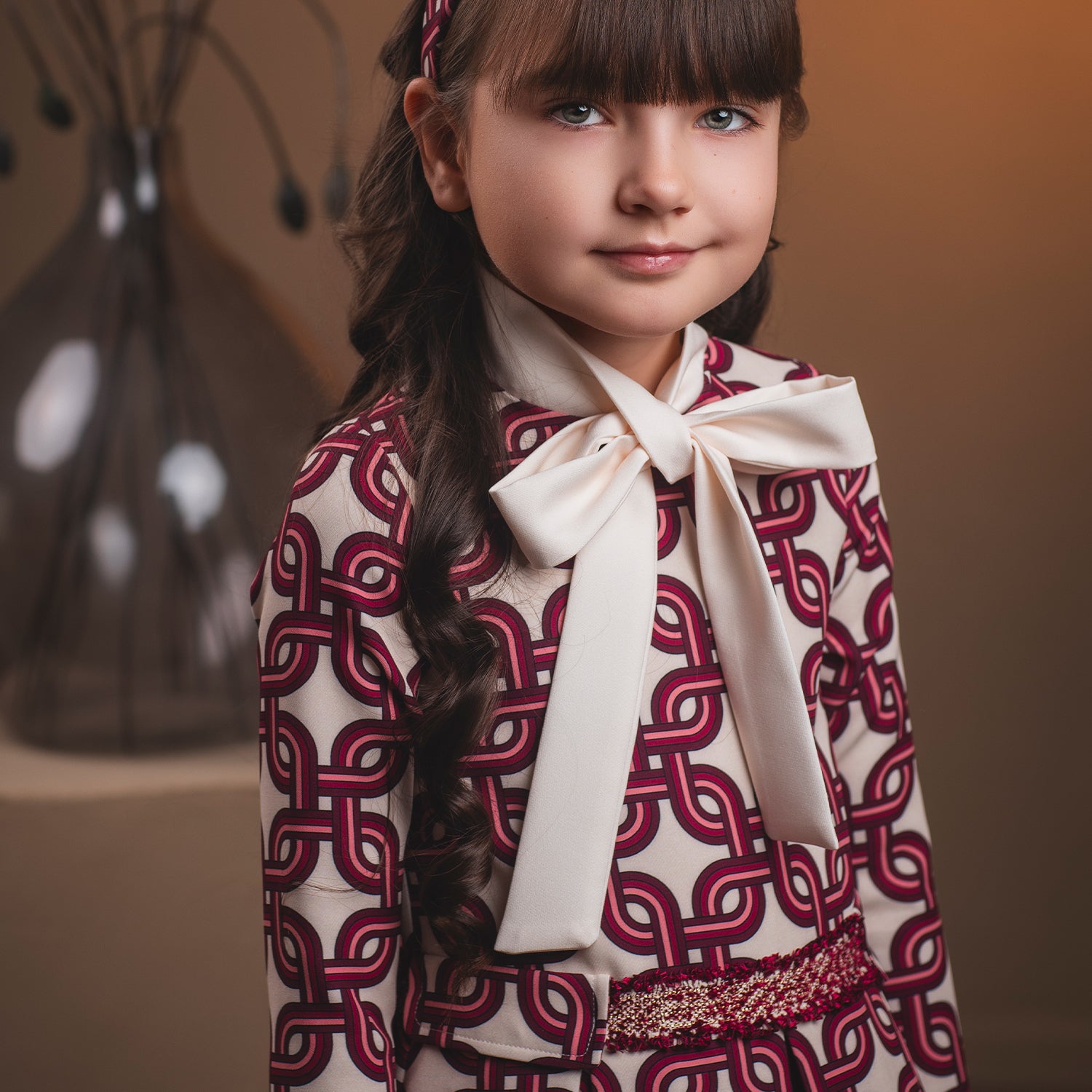Ivory & Burgundy Sash Collar Geometric Print Dress
