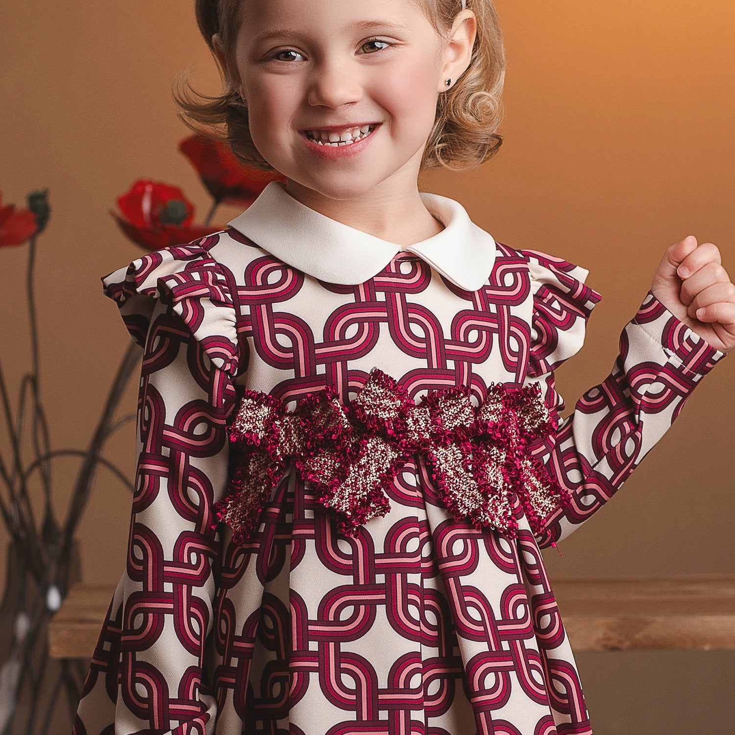 Ivory & Burgundy Geometric Print Dress