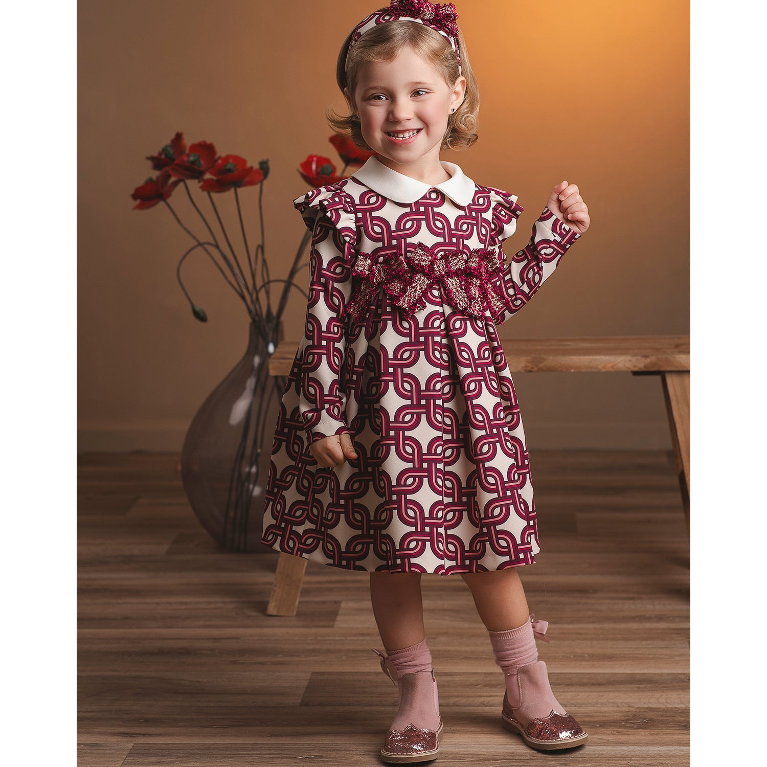 Ivory & Burgundy Geometric Print Dress