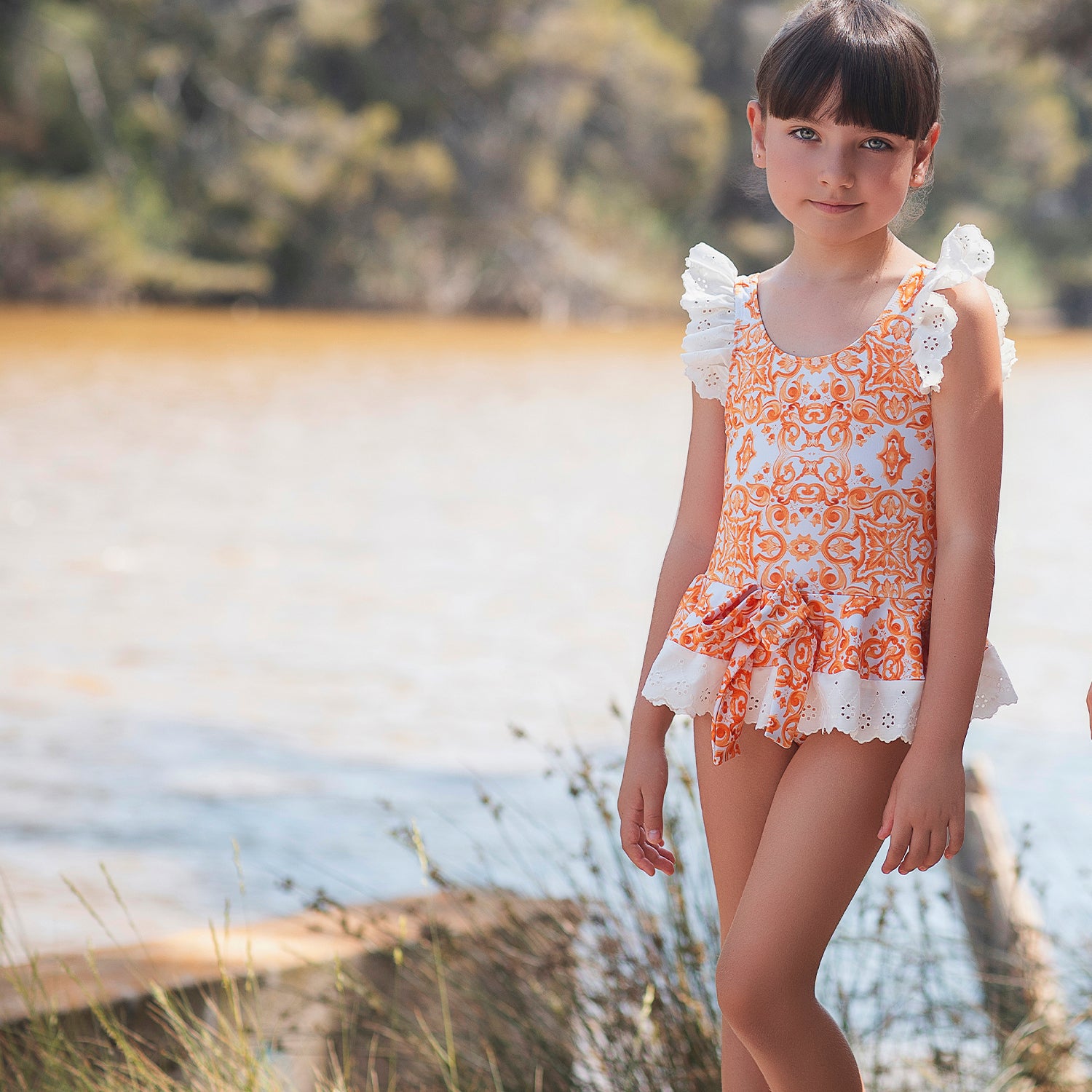 Orange Printed Tile Swimsuit