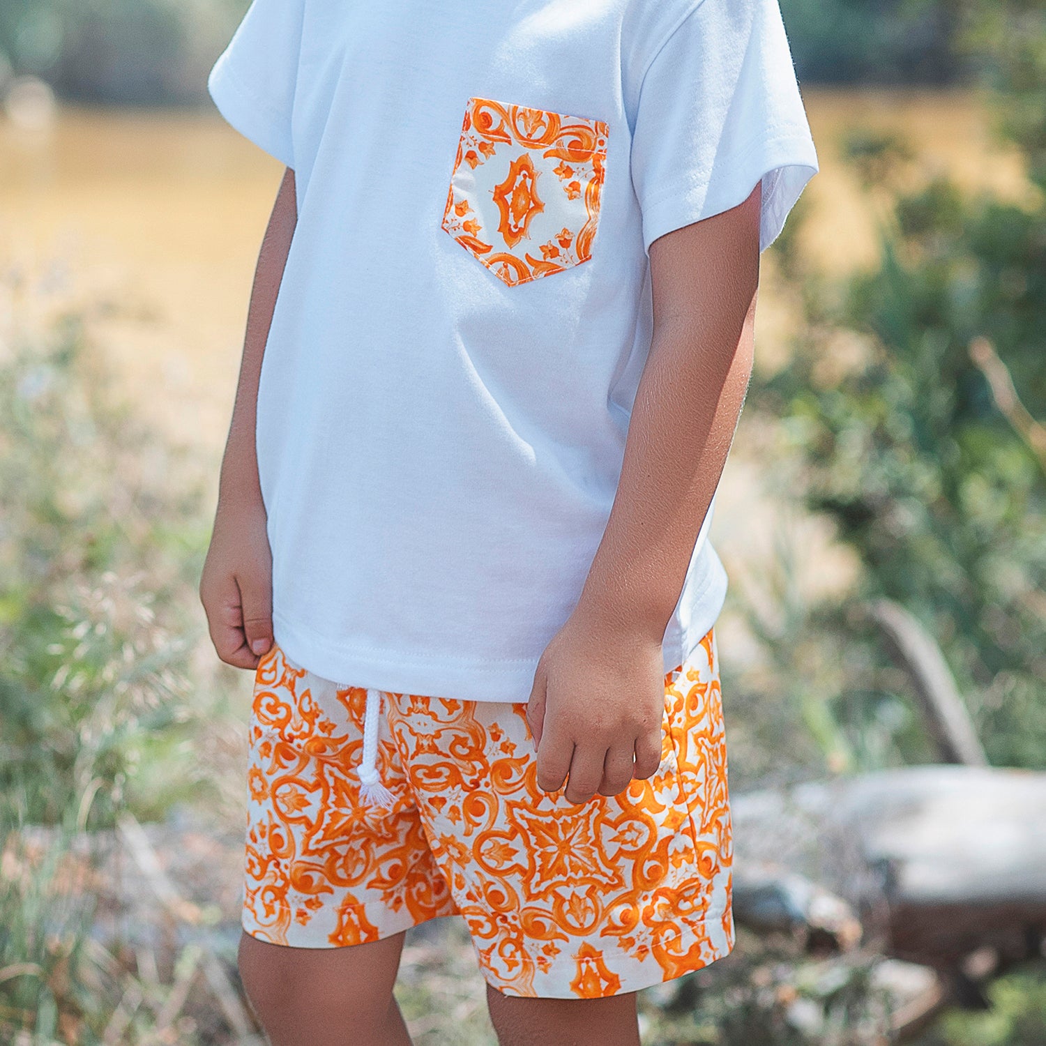 Boys Orange Printed Tile Swim Set