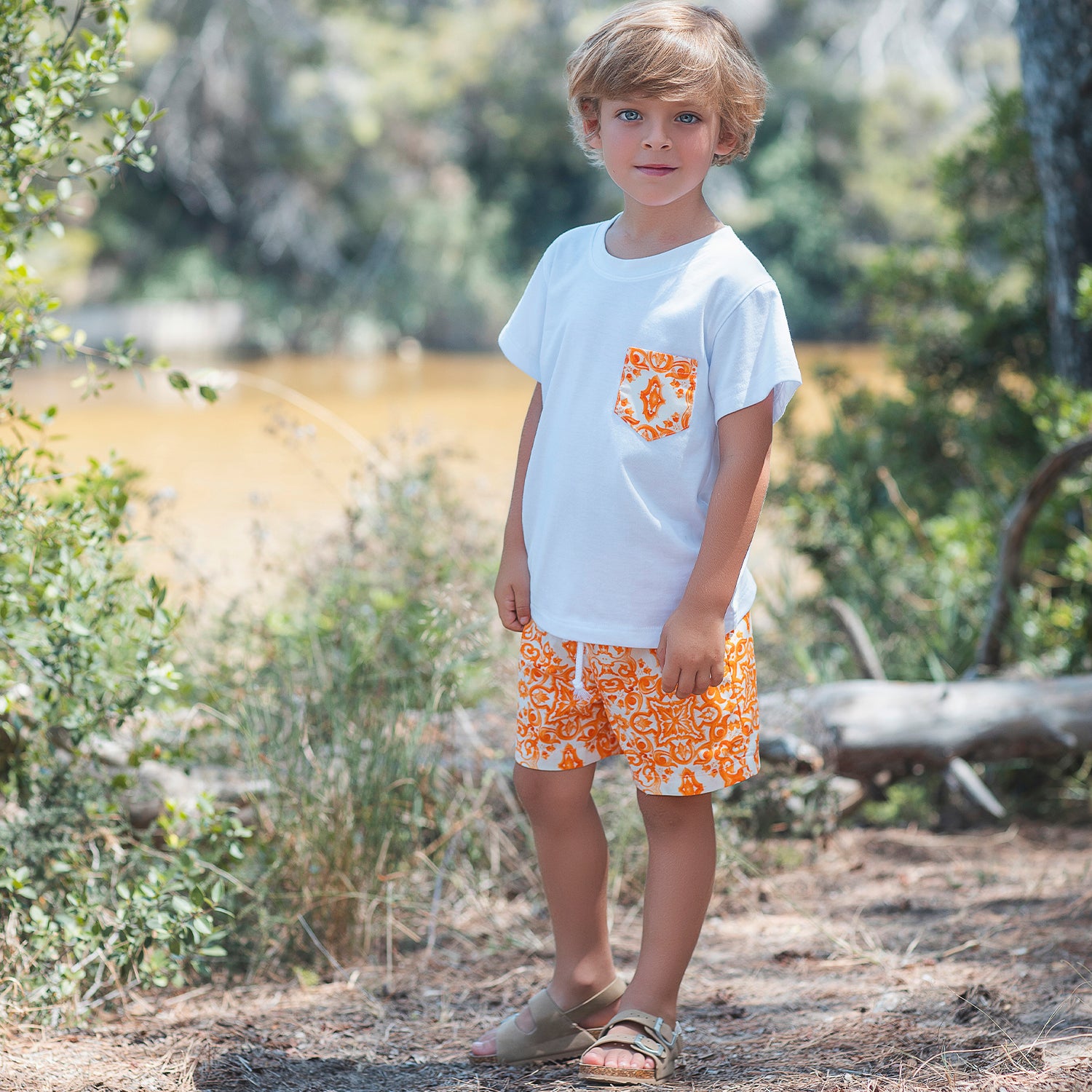 Boys Orange Printed Tile Swim Set