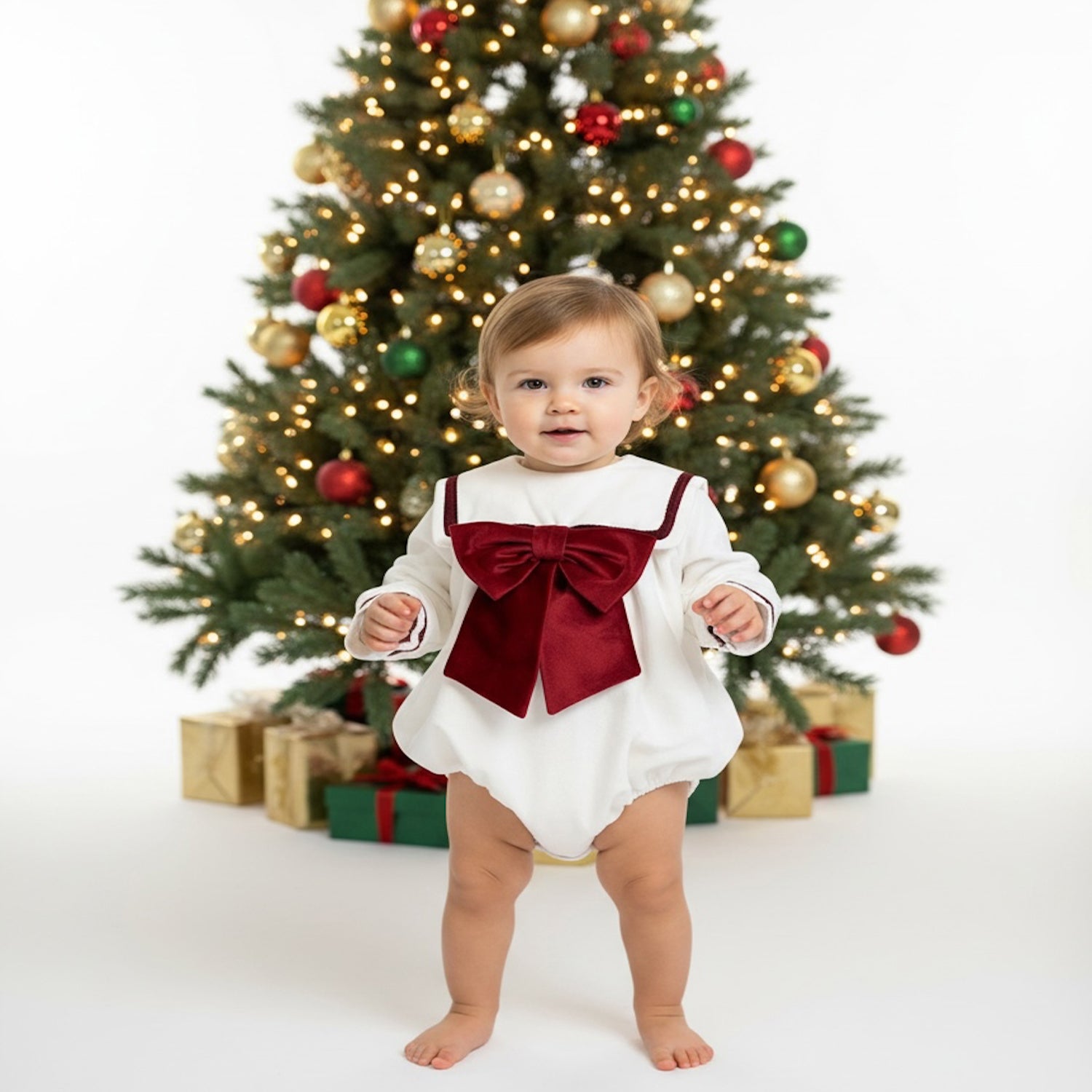 Girls Ivory & Burgundy Velvet Trim Romper