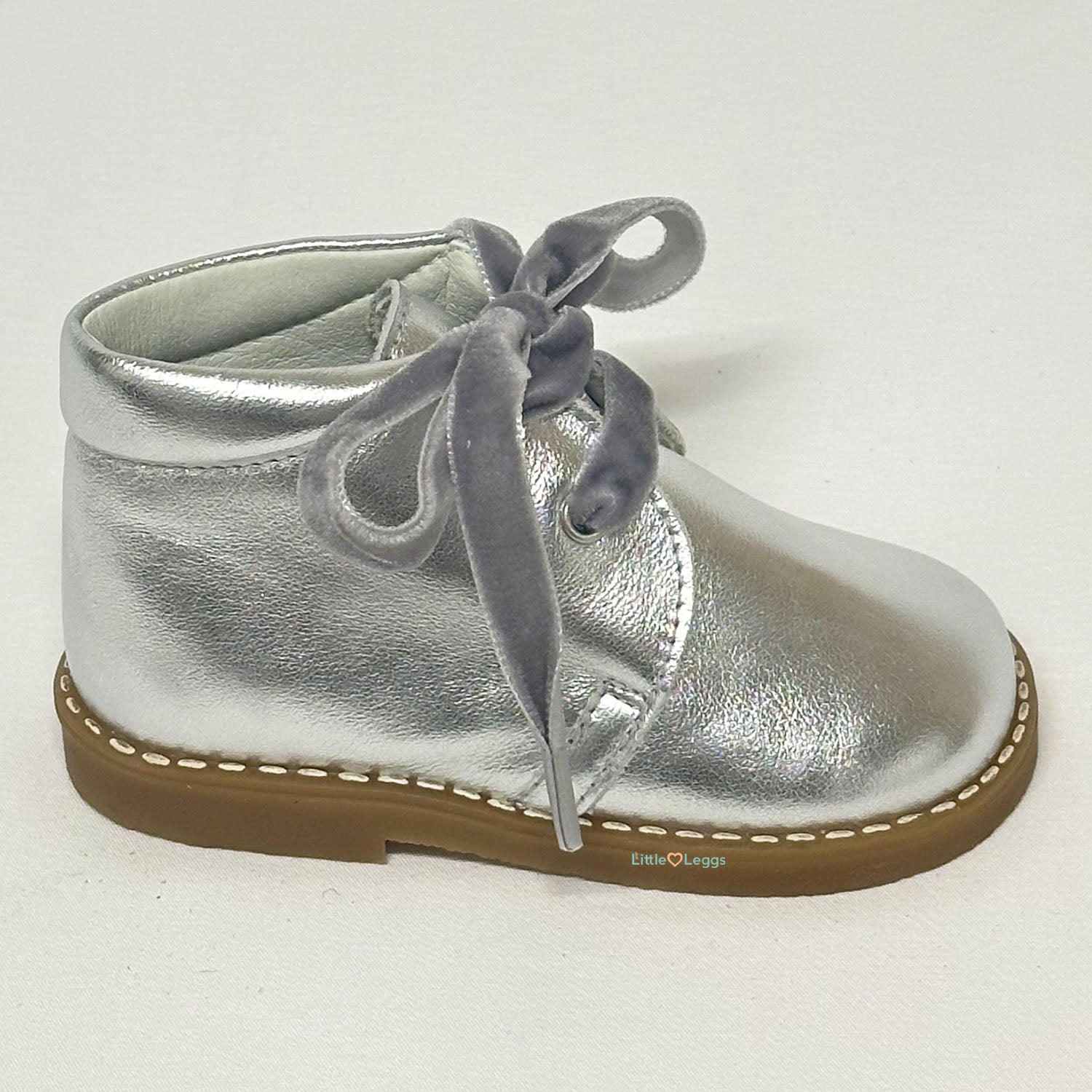 Silver Leather Velvet Lace Ankle Boot