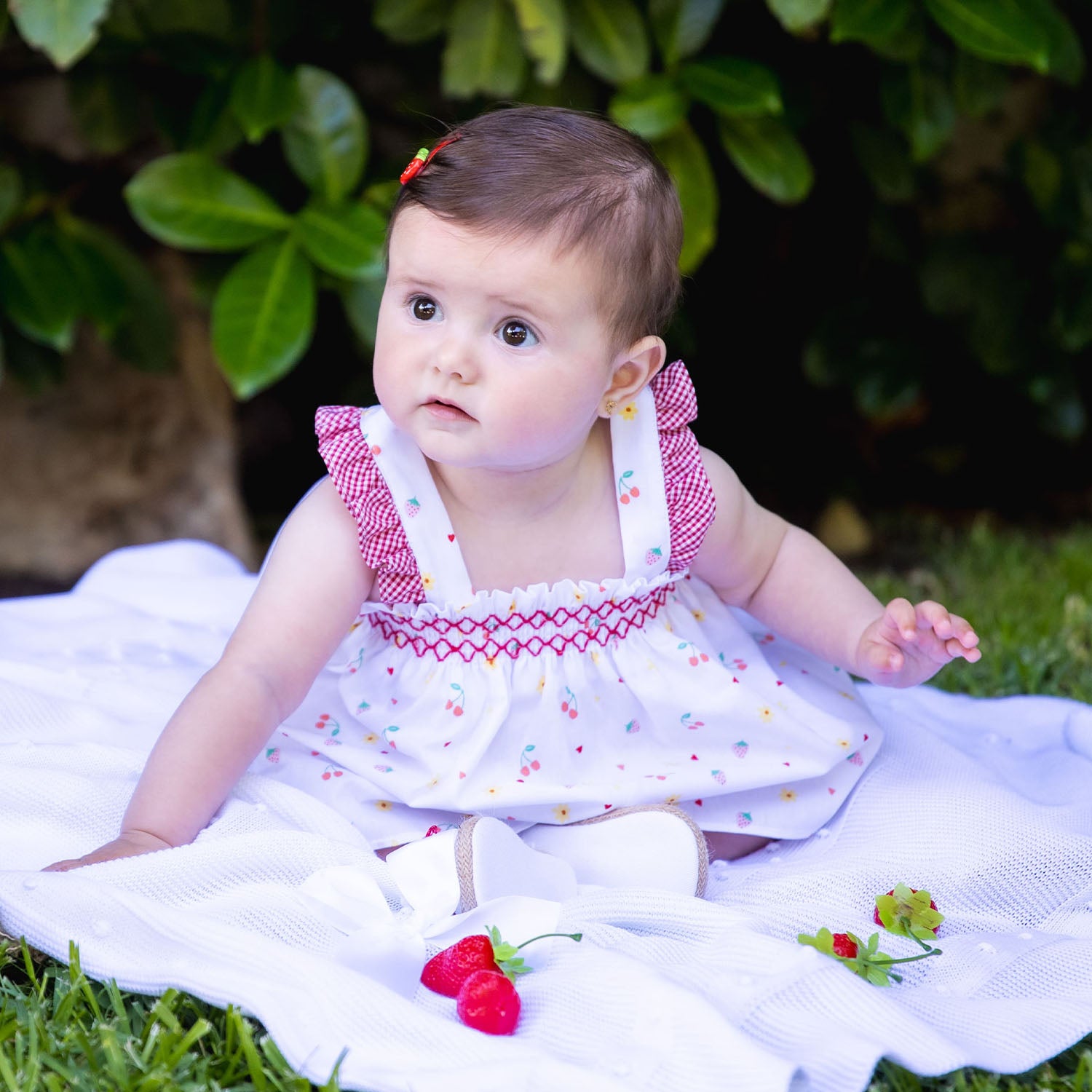 White Fruit Smocked Dress