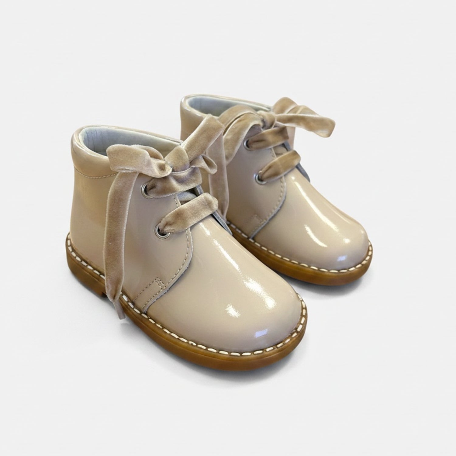 Sand Patent Leather Velvet Lace Ankle Boot