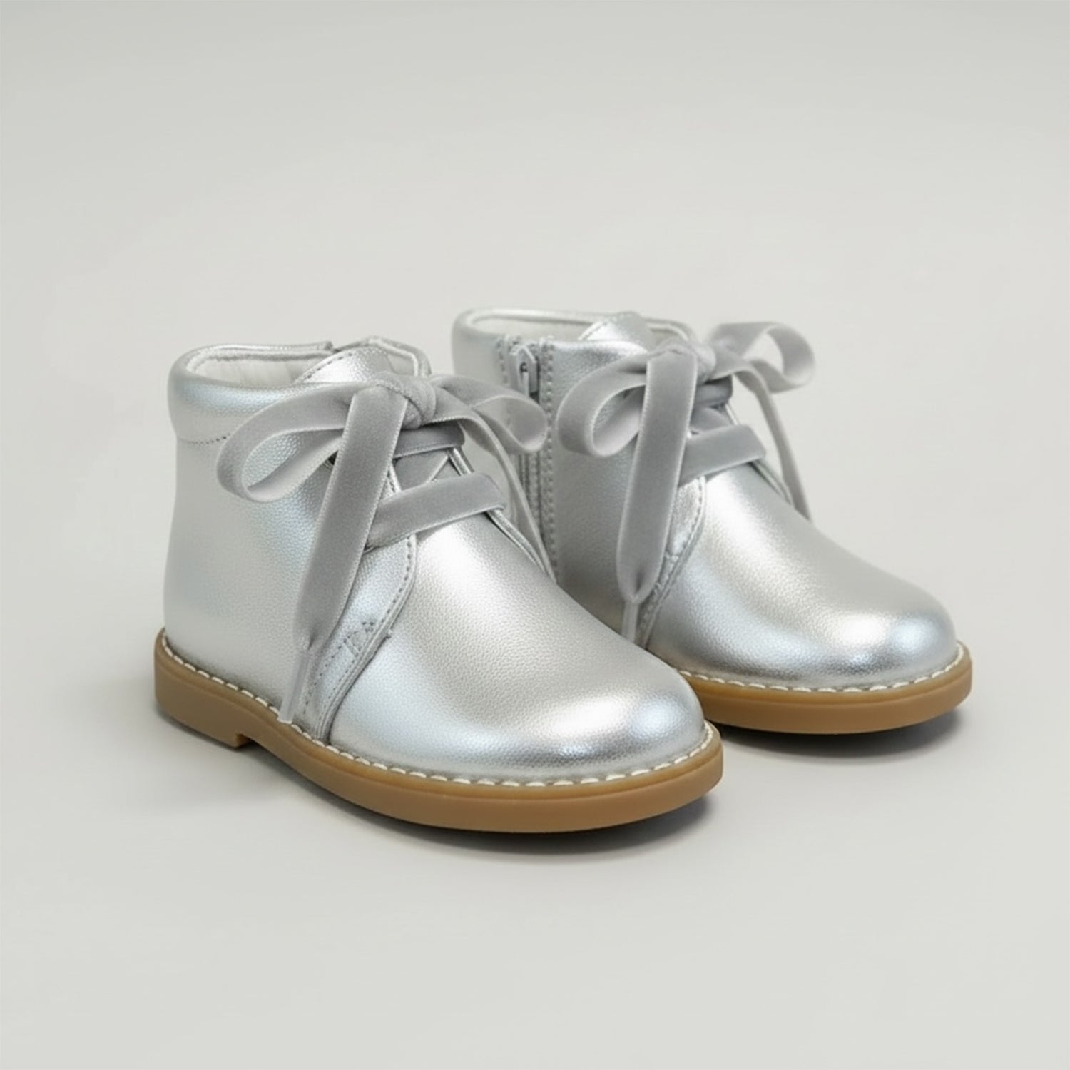Silver Leather Velvet Lace Ankle Boot