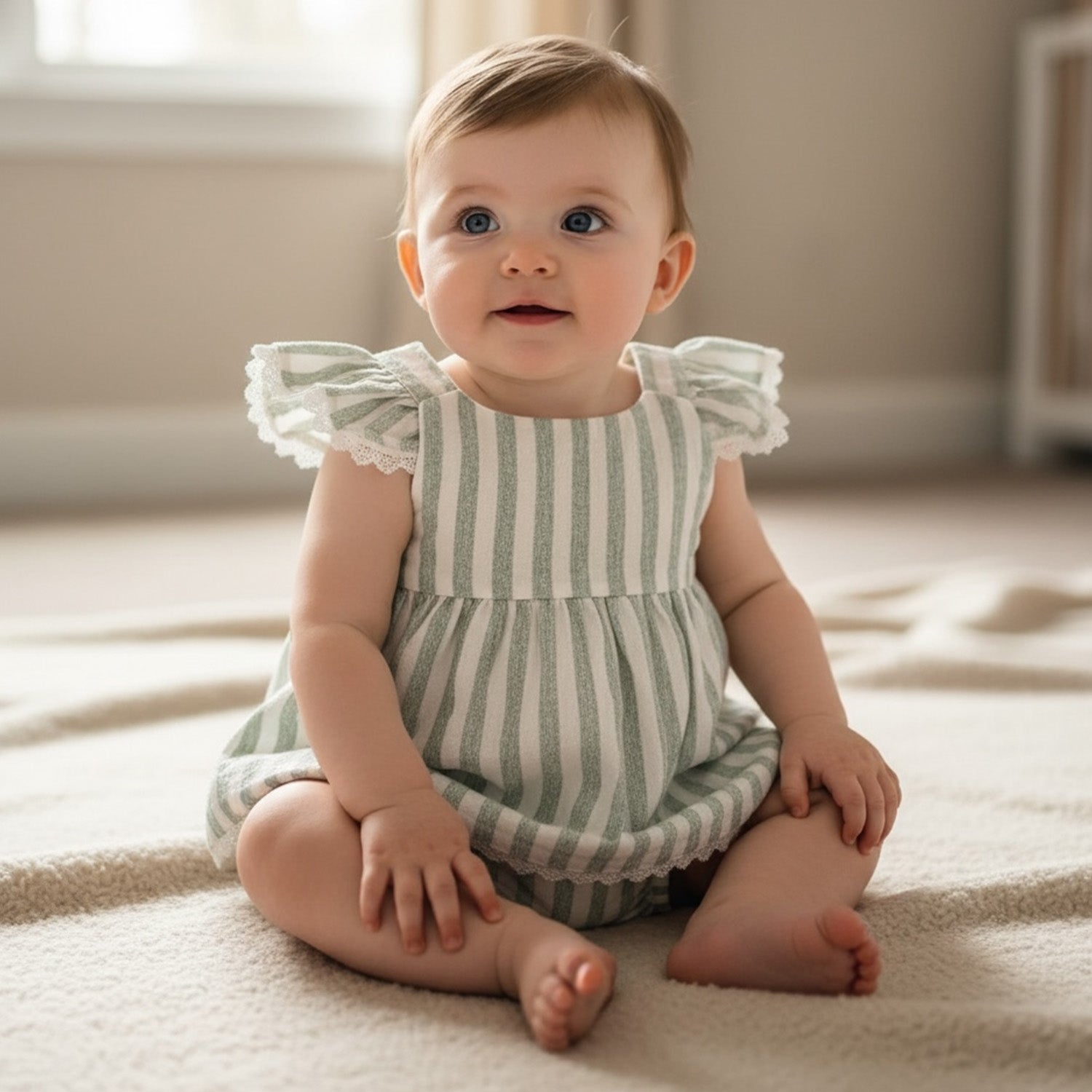 Green Stripe Linen Pinafore Dress & Bloomers