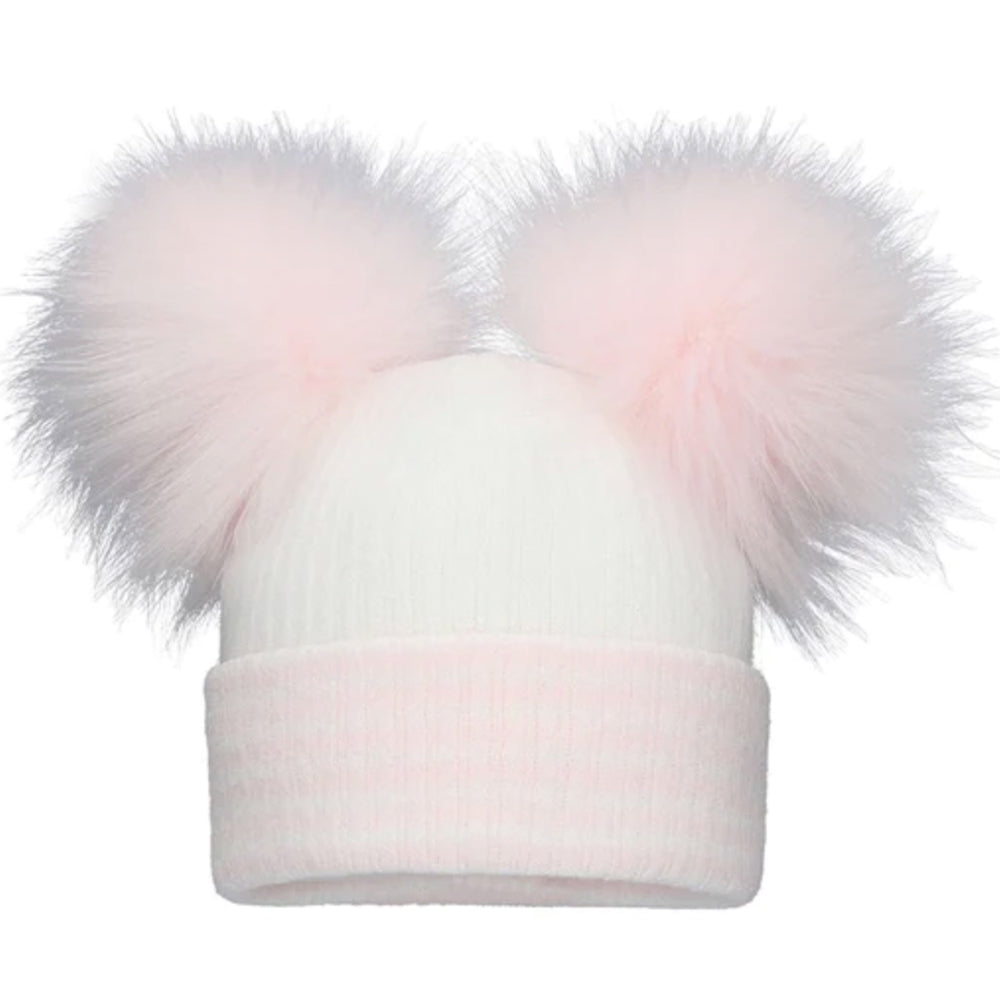 Pink Block Stripe Double Pom Pom Hat