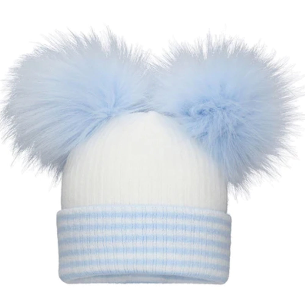 Blue Block Stripe Double Pom Pom Hat