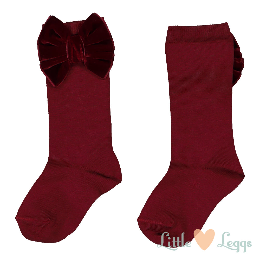Bordeaux Velvet Bow Knee High Socks