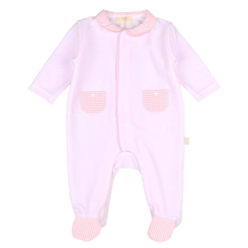 Pink Velour Check Pocket Babygrow