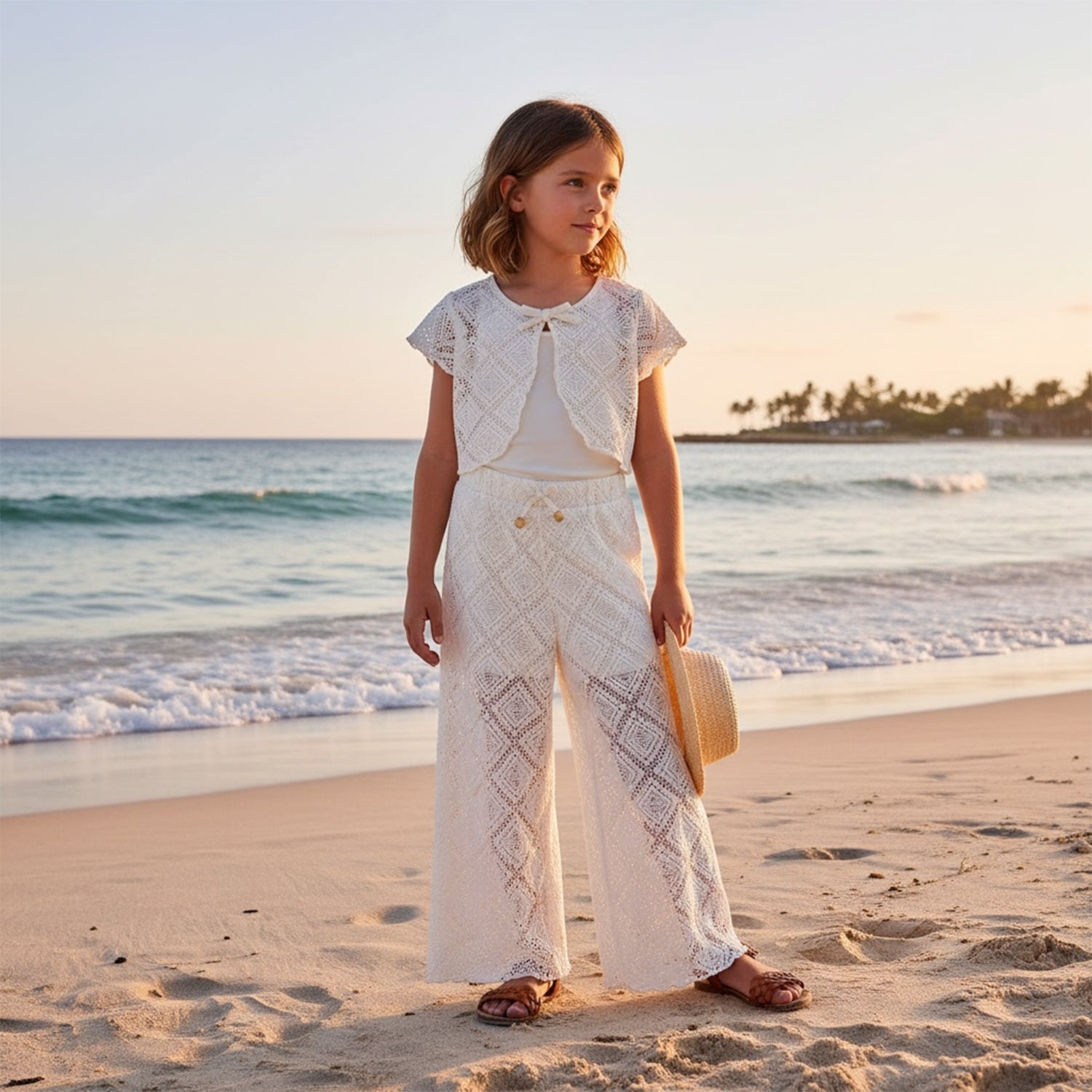 Ivory Crochet 3 Piece Trouser Set