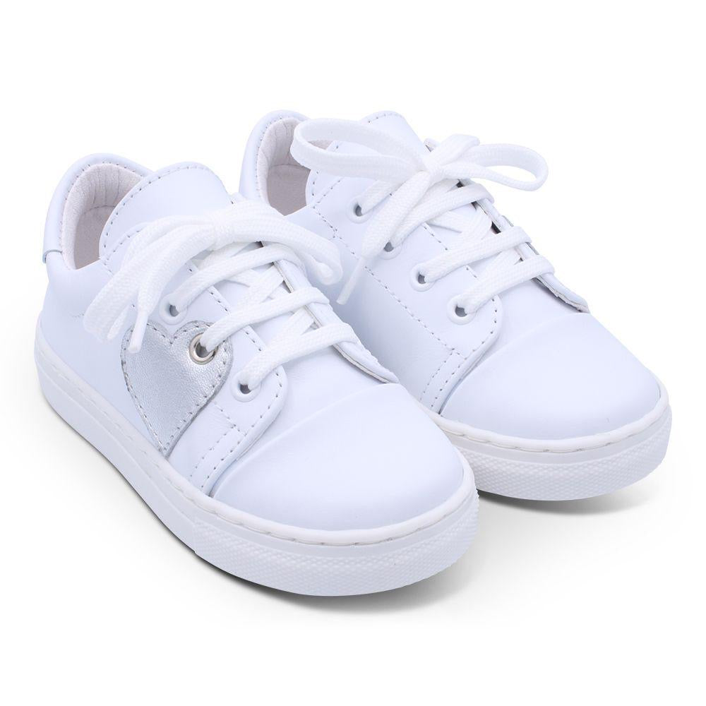 White Leather with Silver Heart Trainers