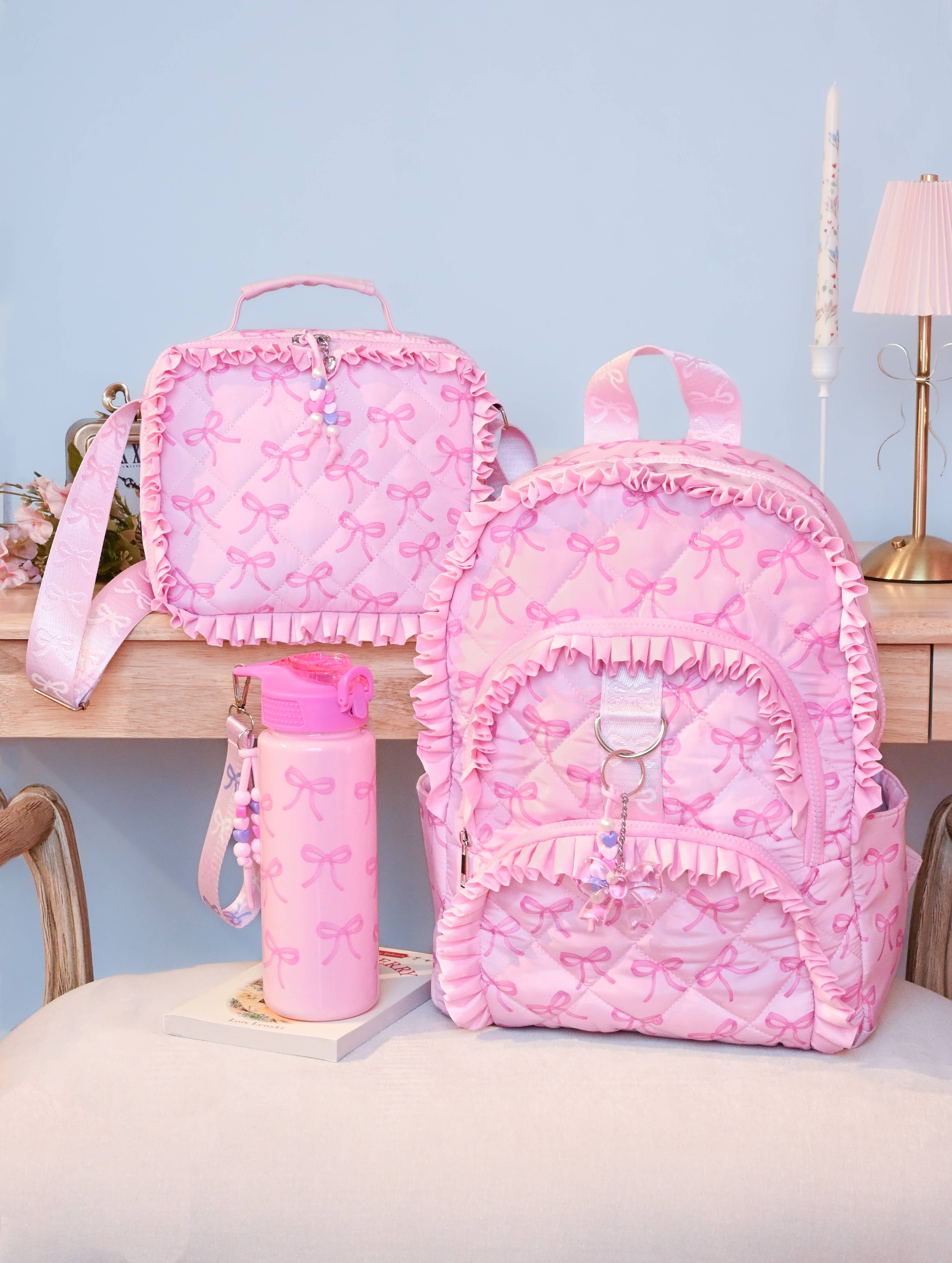 Bow & Ruffle Printed Quilted Large Backpack