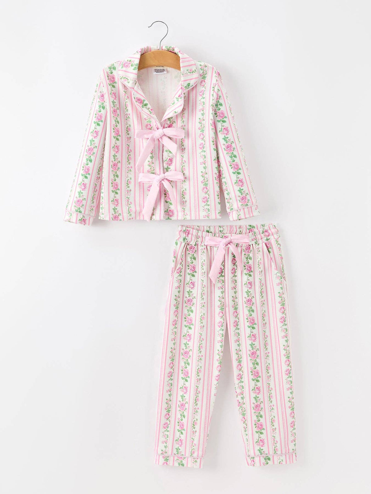 Pink Floral Girls Pajama Set Bow Tie Top Long Pants Sleepwear