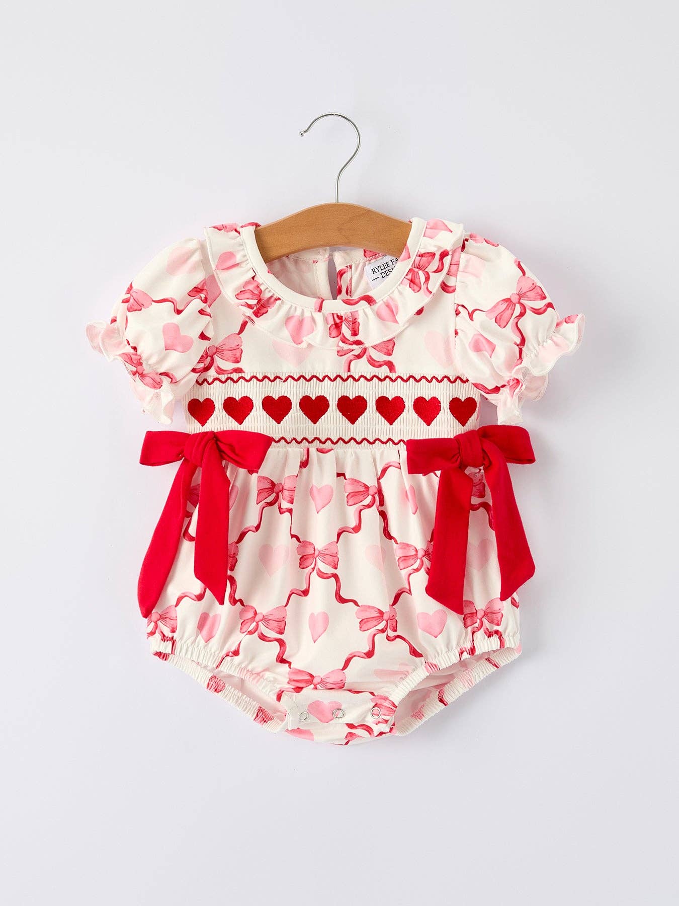 Girls Valentine Romper with Heart Embroidery and Bow