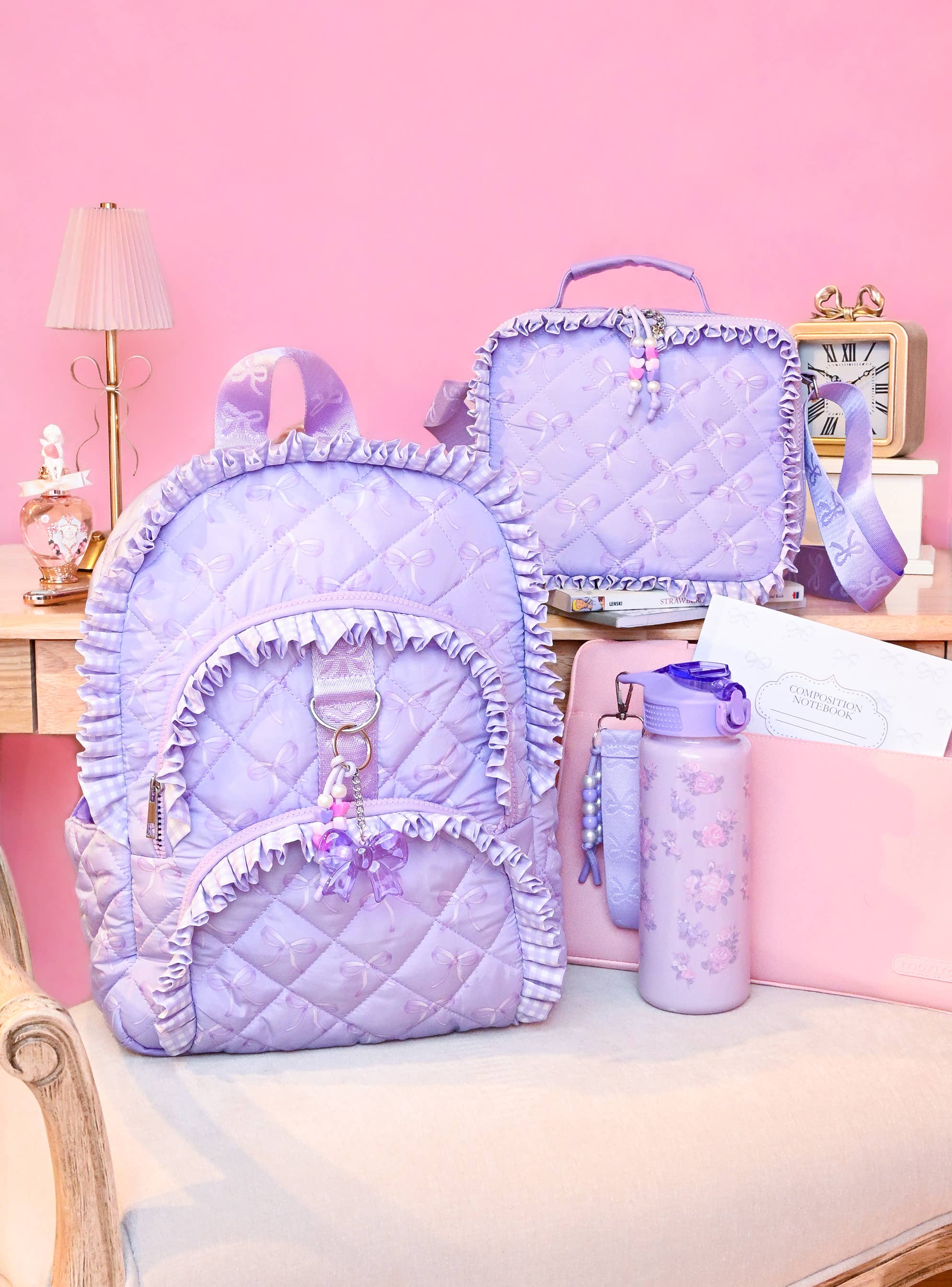 Lilac Bow & Ruffle Quilted Lunch Bag