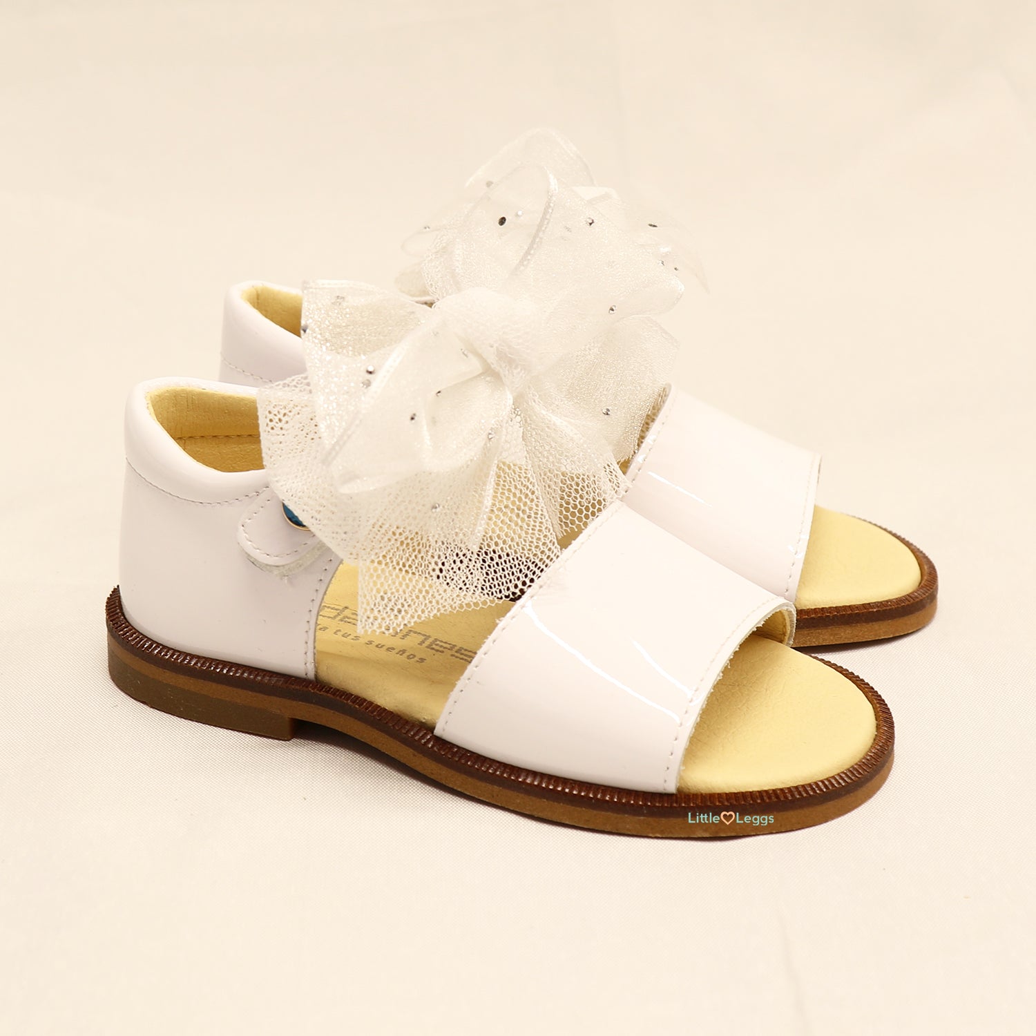 White Tulle Bow Leather Sandal