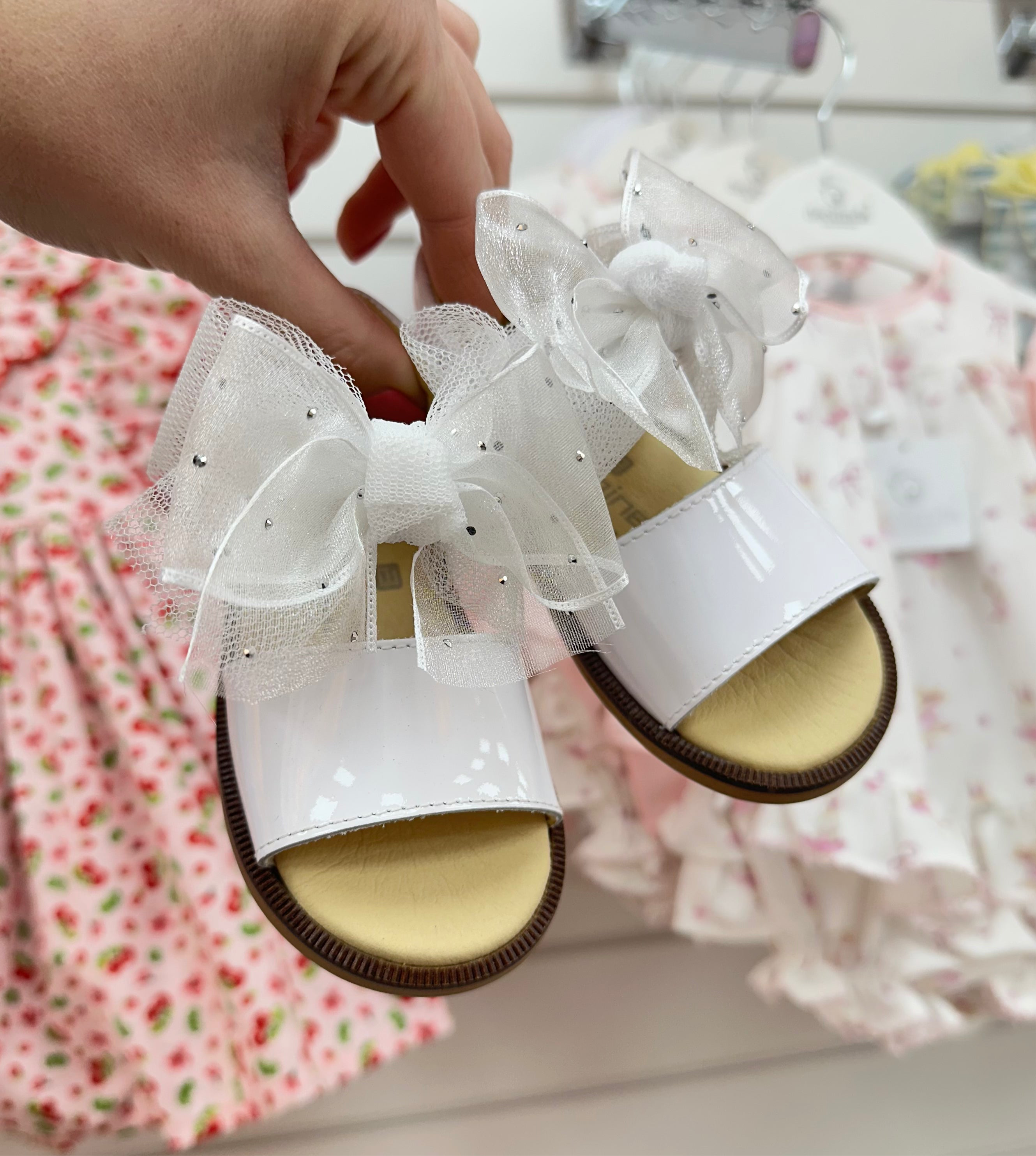 White Tulle Bow Leather Sandal