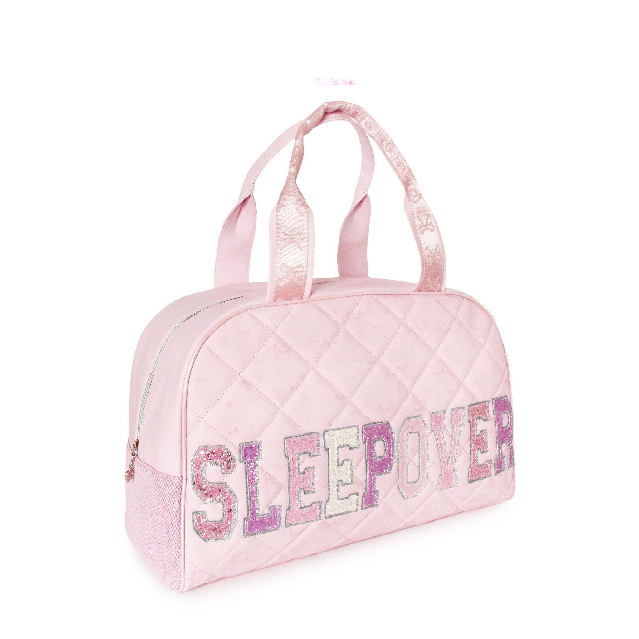 'SLEEPOVER' Quilted Bow Print Medium Duffle Bag