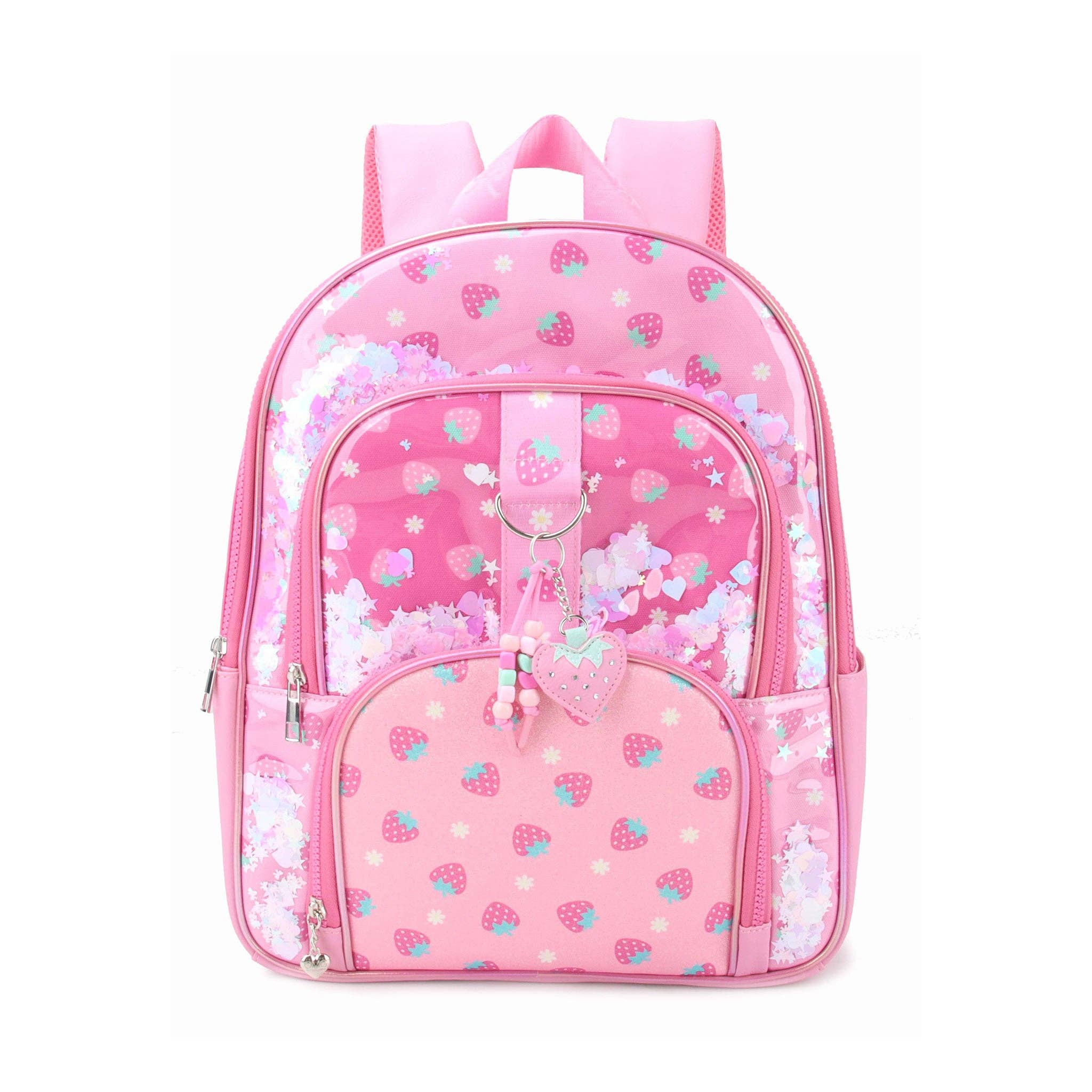 Strawberry Print Confetti Filled Large Backpack with Charm