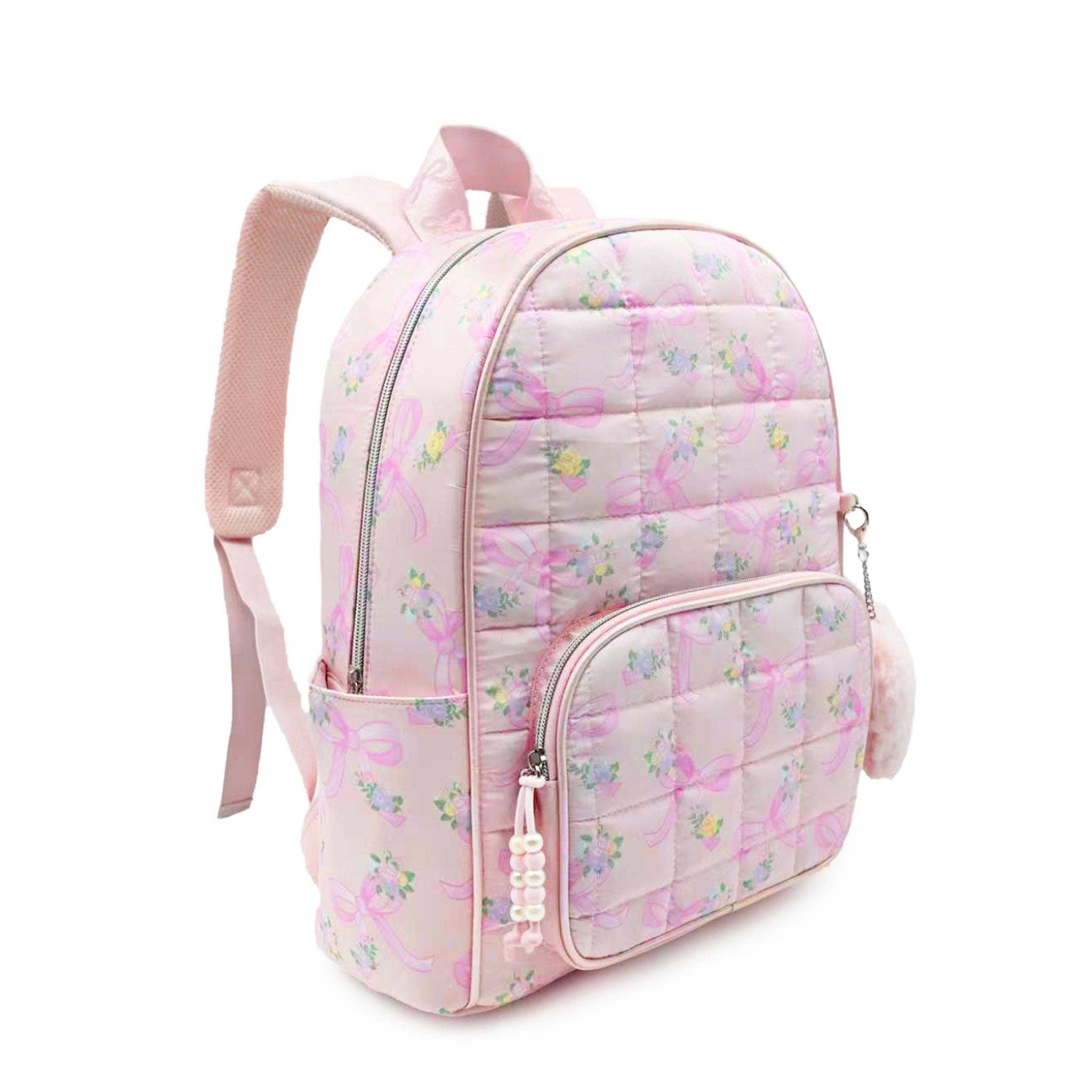 Floral & Bow Quilted Large Backpack With Charm