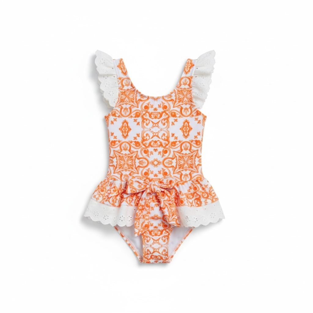 Orange Printed Tile Swimsuit