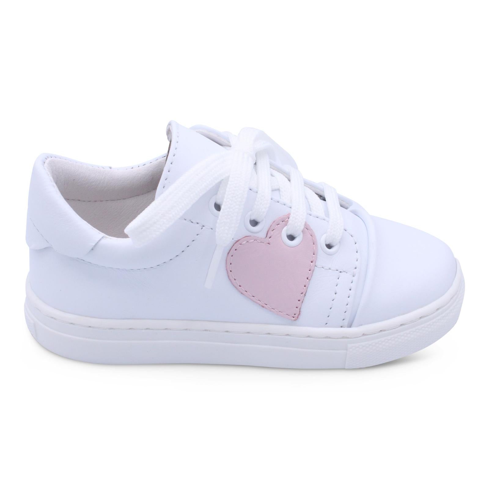 White Leather with Pink Heart Trainers