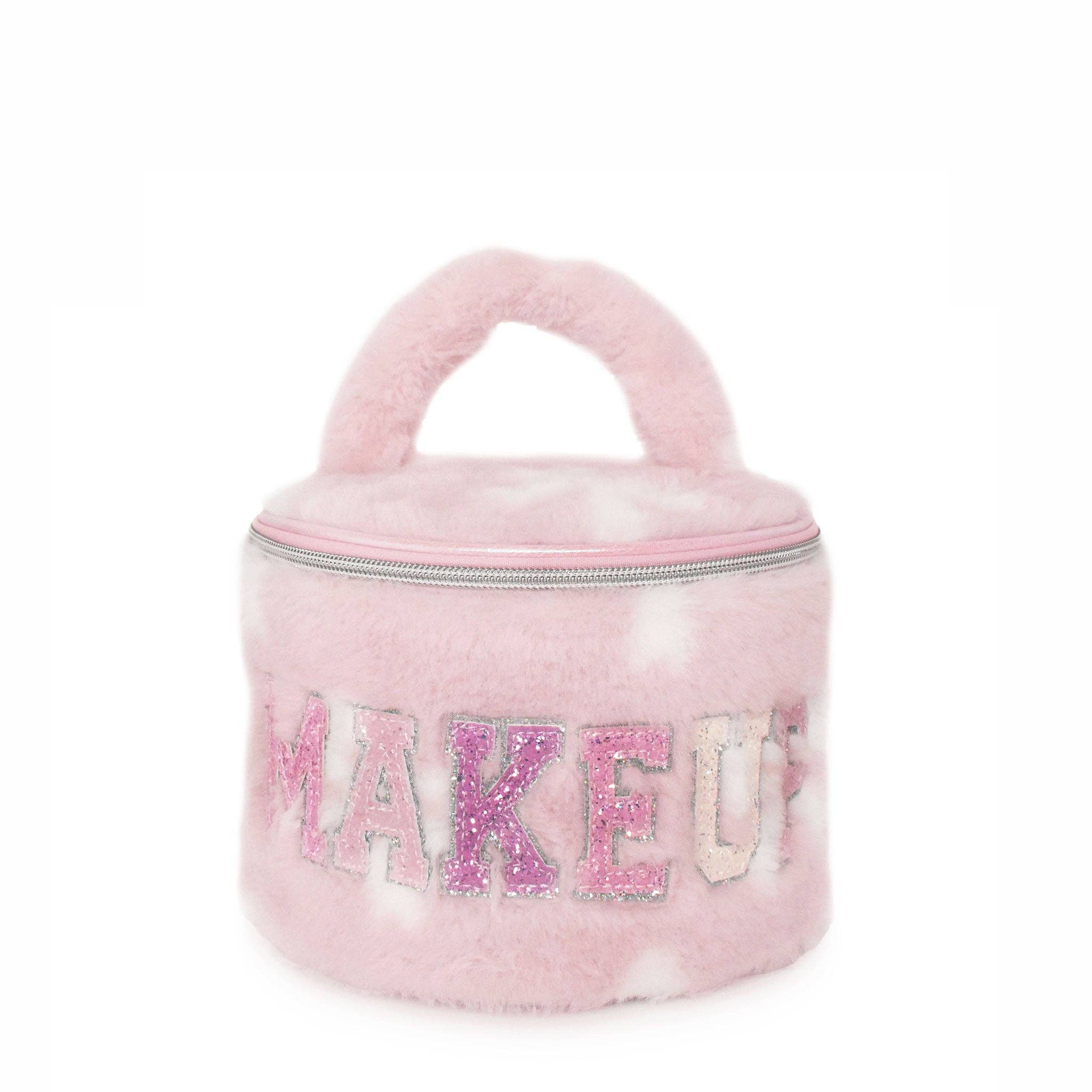 'MAKEUP' Plush Bow Printed Round Glam Bag