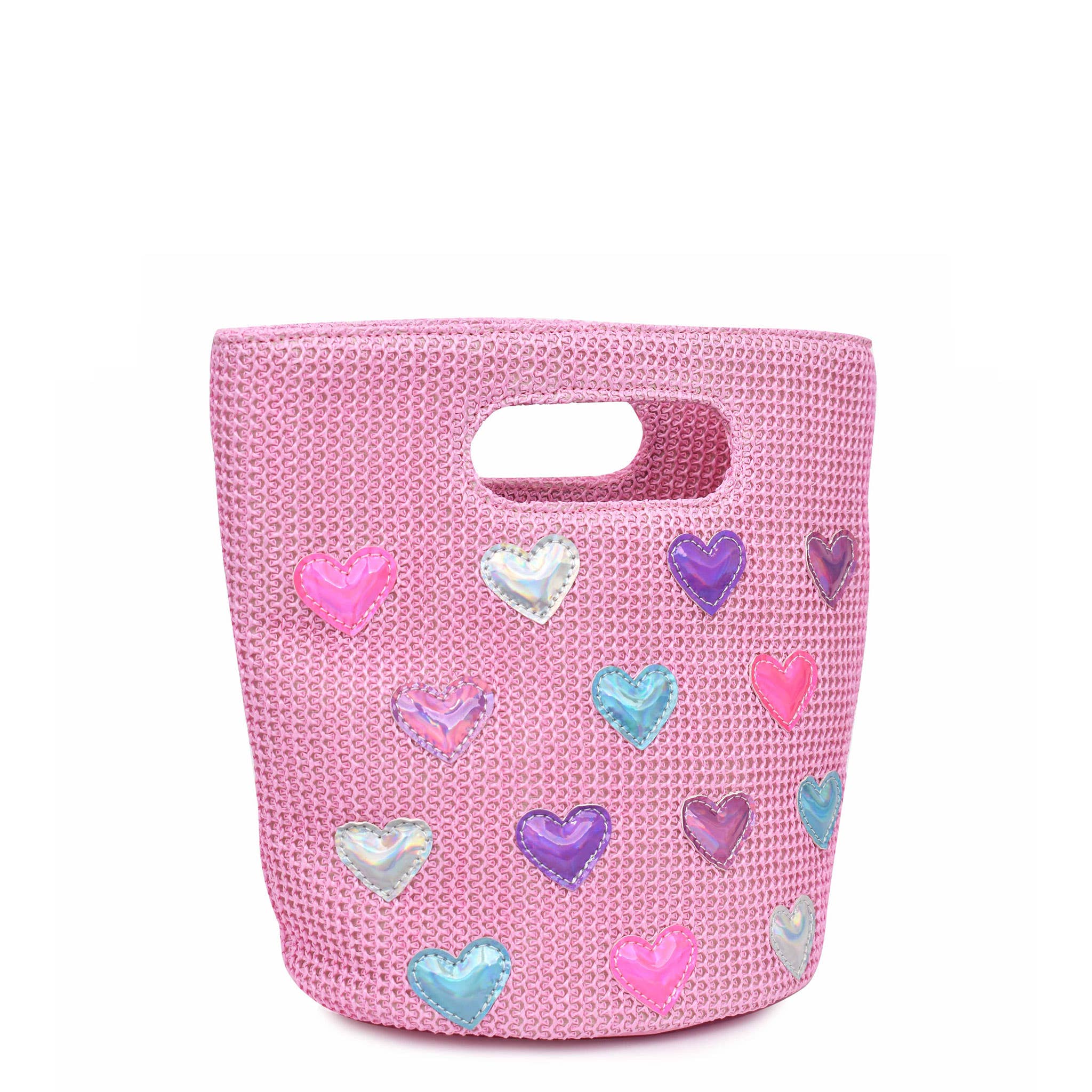 Heart-Patched Pink Straw Top-Handle Mini Tote Bag