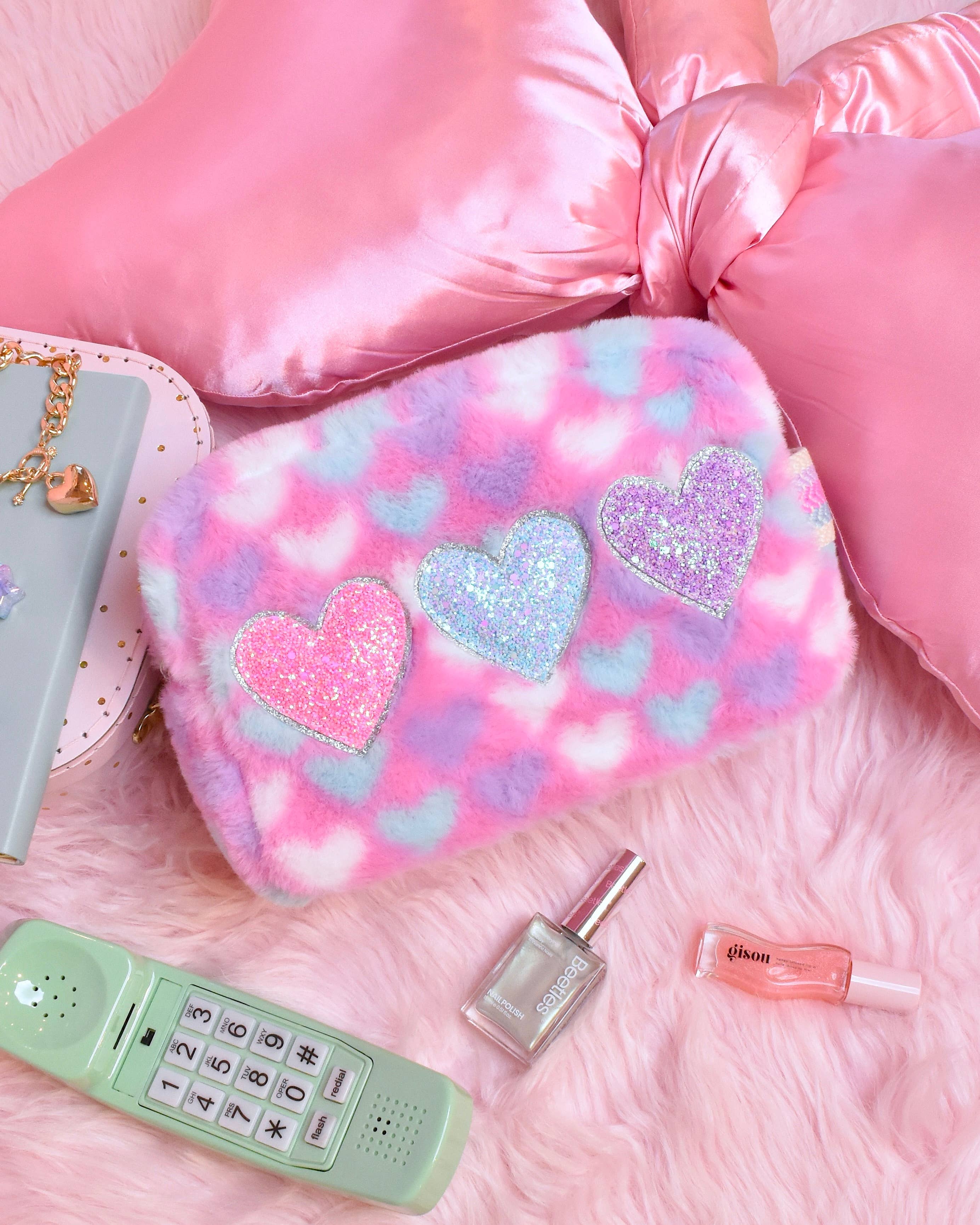 Heart Print Plush Pouch