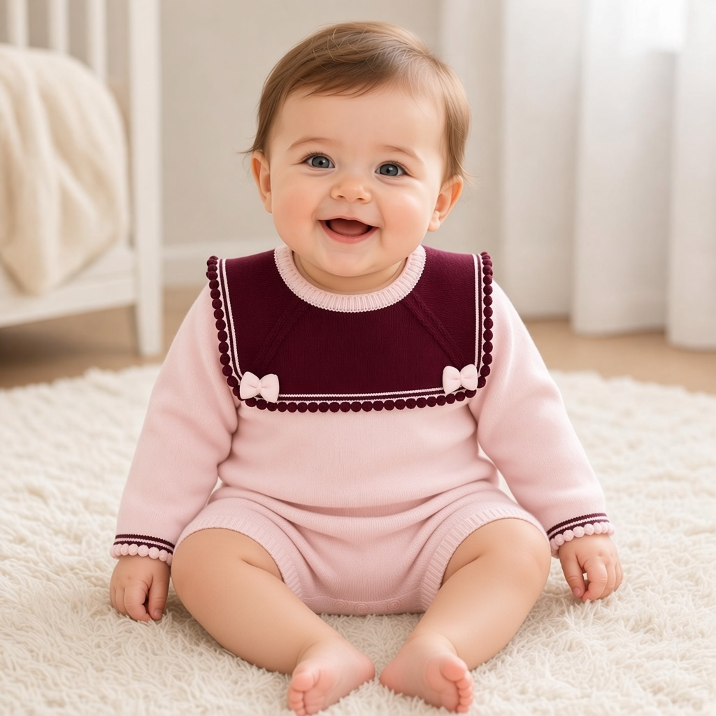 Pink & Burgundy Knitted Bow Romper